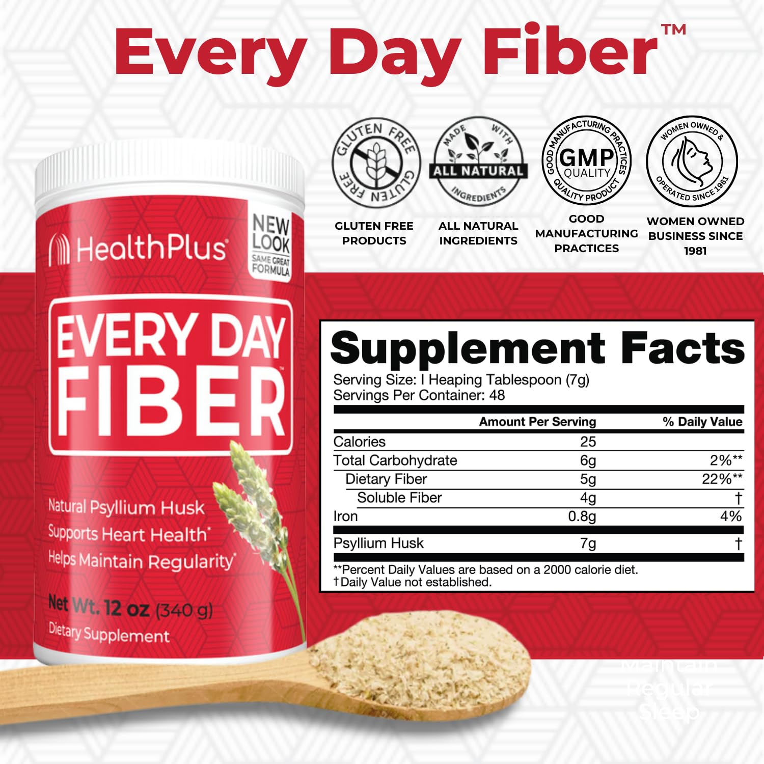 Health Plus Daily Fiber Digestive Support - Natural Fiber for Bloating & Heart Health (12oz, 48 Servings) for Active Lifestyles