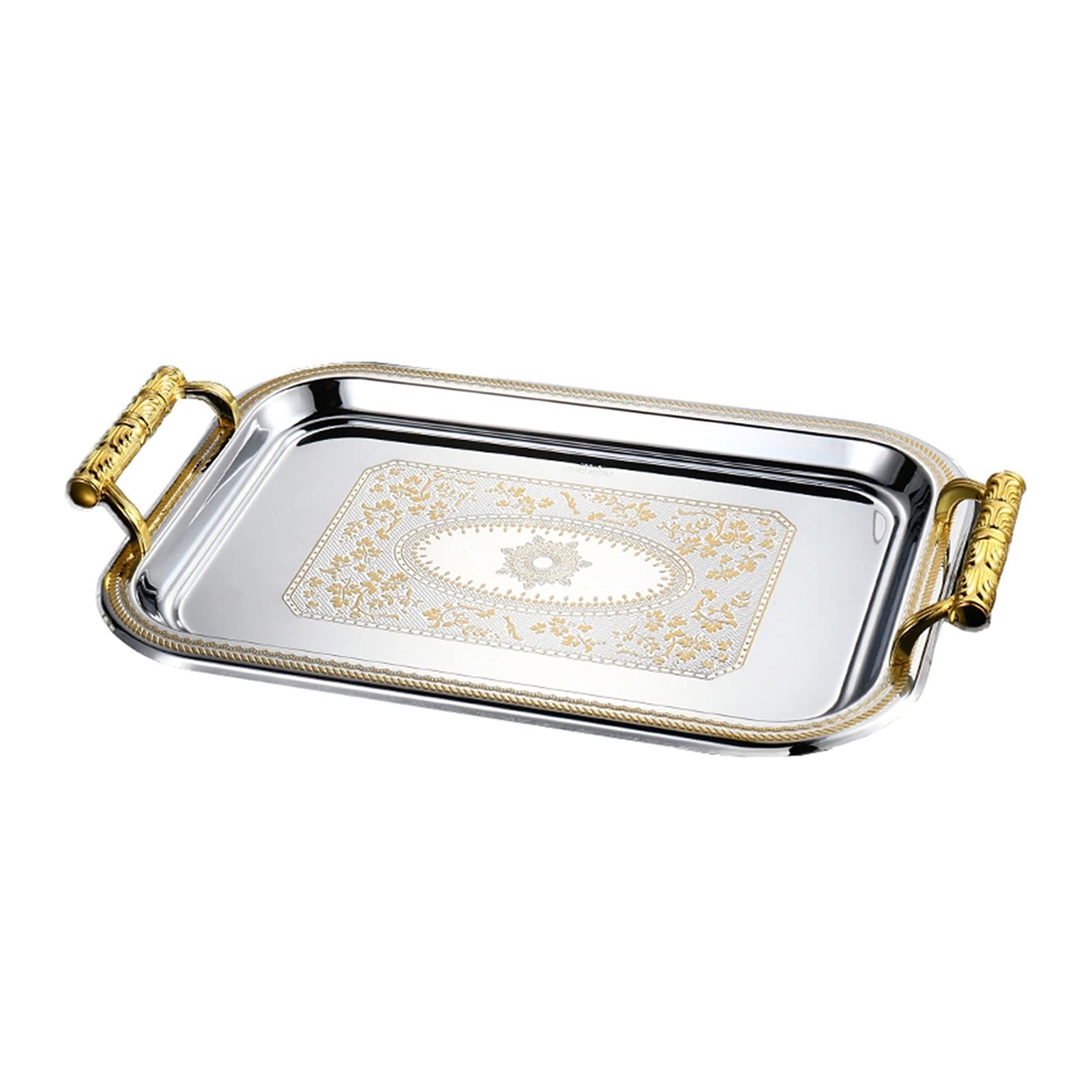 Stainless Steel Rectangular Serving Tray with Golden Handle - Farmhouse Style Snack Platter, Breakfast Tray, Kitchen & Dining Decor for Parties, Entertaining, and Home Storage (Color B)