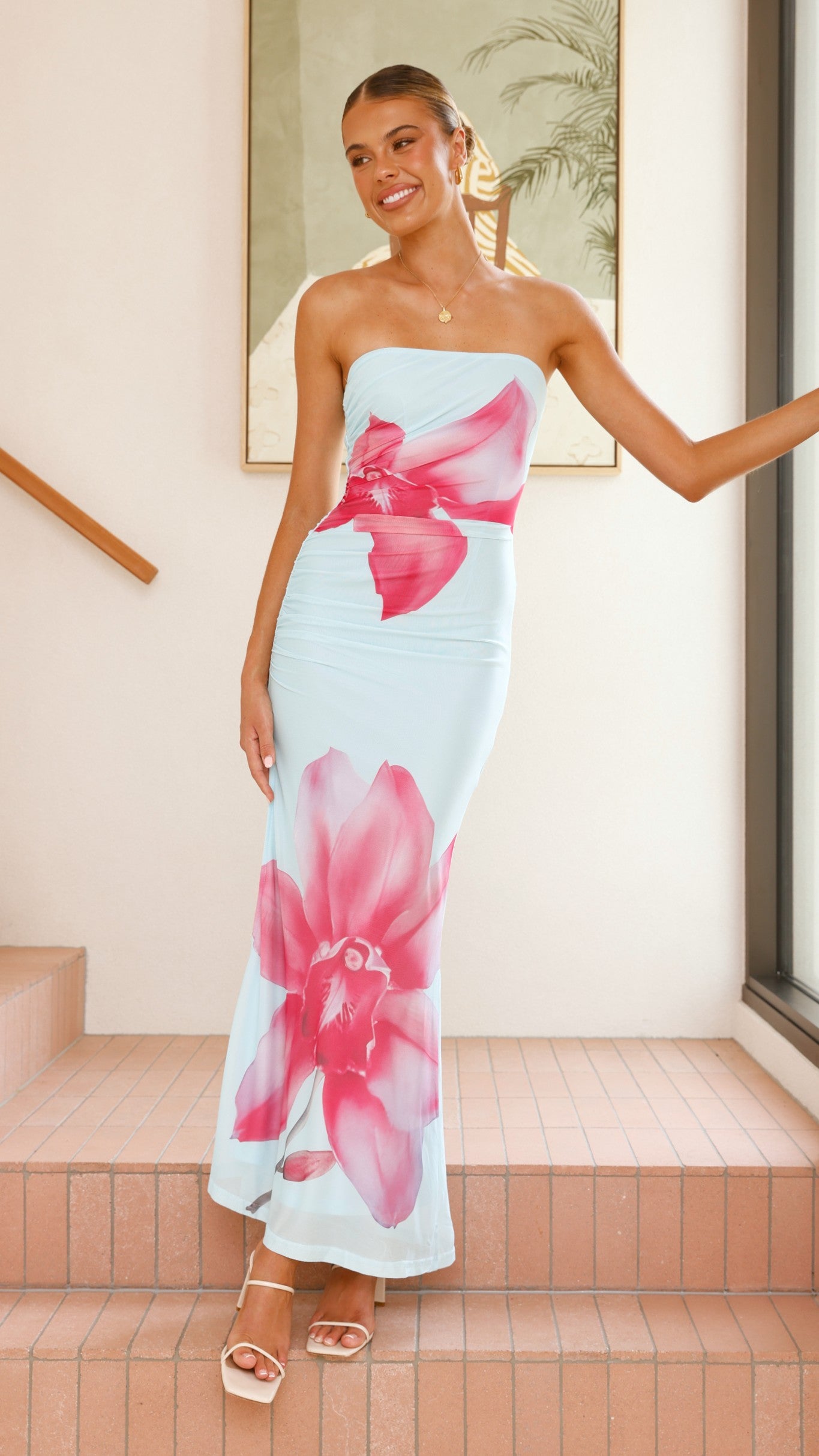 Brittani Strapless Maxi Dress for Women - Flowy Summer Beach Dress in Blue & Pink | Perfect for Beach Vacations, Weddings & Date Nights