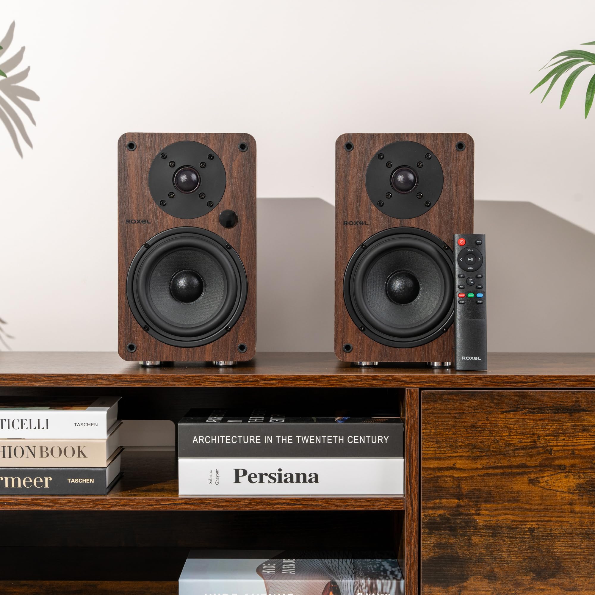 Roxel Onyx Active Bookshelf Speakers - 100W RMS Power, Bluetooth 5.0 Wireless Streaming, HDMI ARC, 3m Speaker Cable - Premium Sound for Home Theater, Movies, Music & Office - Walnut Finish - Perfect for Living Room, Gaming Setup & Workspace Entertainment