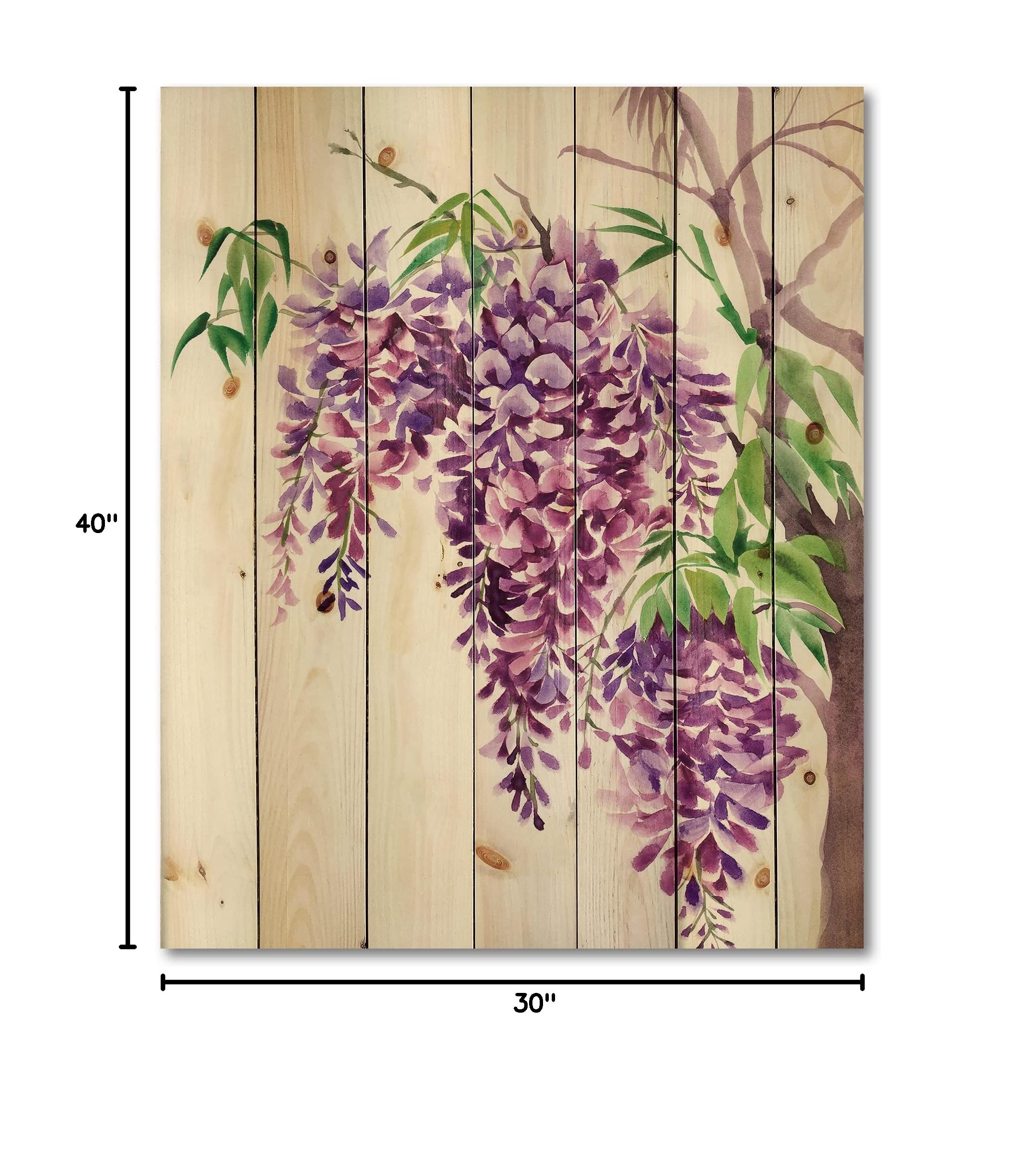DesignQ Purple Wisteria Branches Wood Wall Art - Handcrafted Traditional Floral Wall Decor Printed on Natural Pine Wood Panels for Living Room, Bedroom & Office Decoration