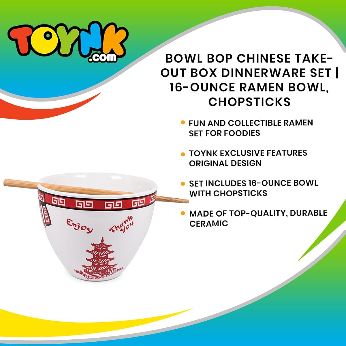 Bowl Bop Chinese Takeout Box Dinnerware Set - 16-Ounce Ramen Noodle Bowl with Chopsticks | Perfect for Asian Cuisine, Home Dining & Party Serving