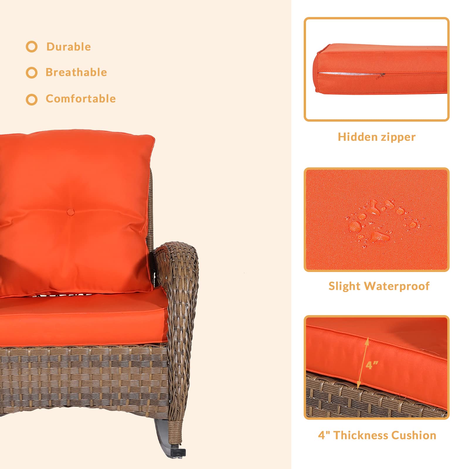 All-Weather Outdoor Wicker Rocking Chair with Thickened Cushions - Durable Rattan Patio Rocker for Porch, Garden & Backyard - Perfect for Relaxing, Reading & Sunbathing (Orange)
