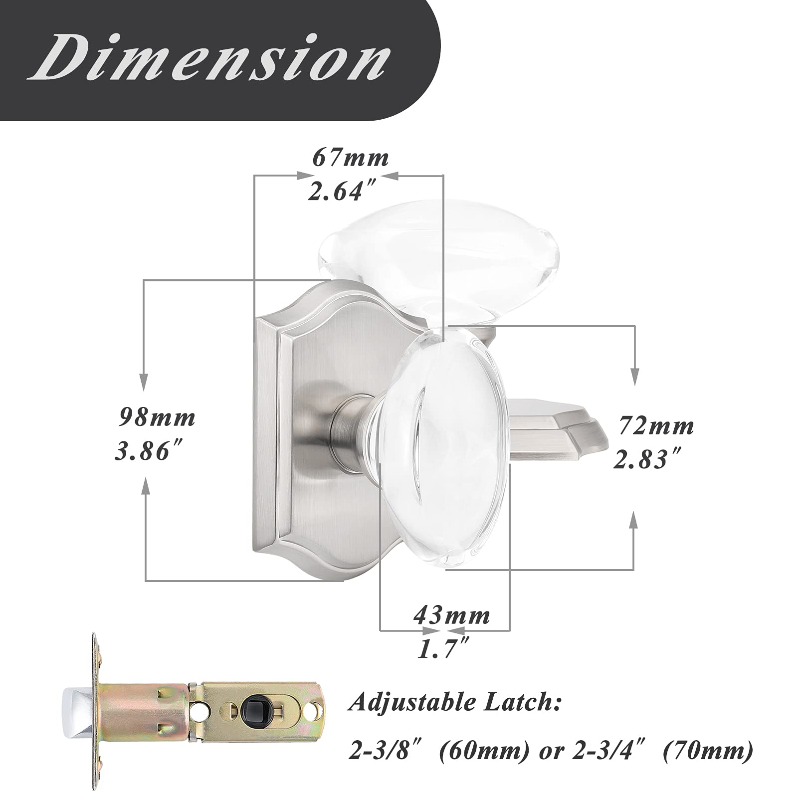 Probrico 2-Pack Oval Crystal Door Knobs - Brushed Nickel Keyless Non-Locking Glass Passage Knobs with Arched Rosette for Hall Closet & Interior Doors | Perfect for Bedrooms, Bathrooms, and Cabinets