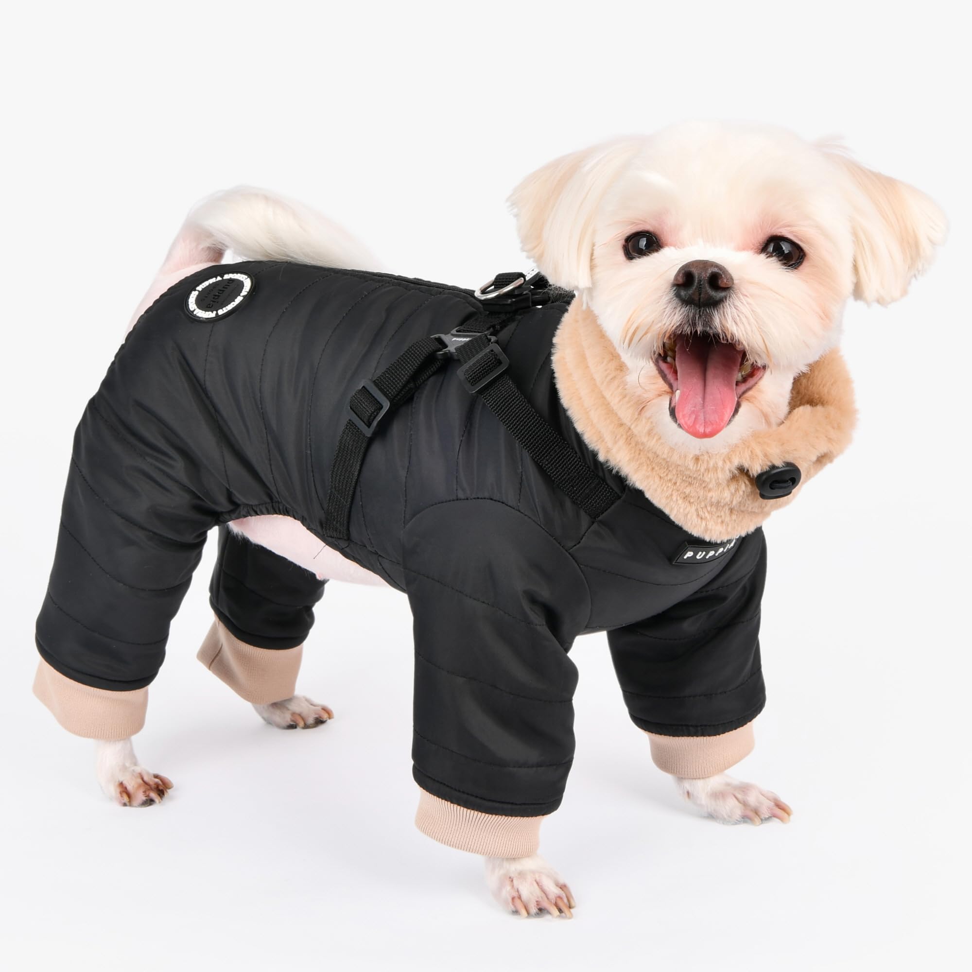 Puppia Everson Winter Dog Jumpsuit with Integrated Harness - Warm Coat for Small & Medium Dogs, Black, X-Large - Perfect for Cold Weather Walks & Outdoor Adventures