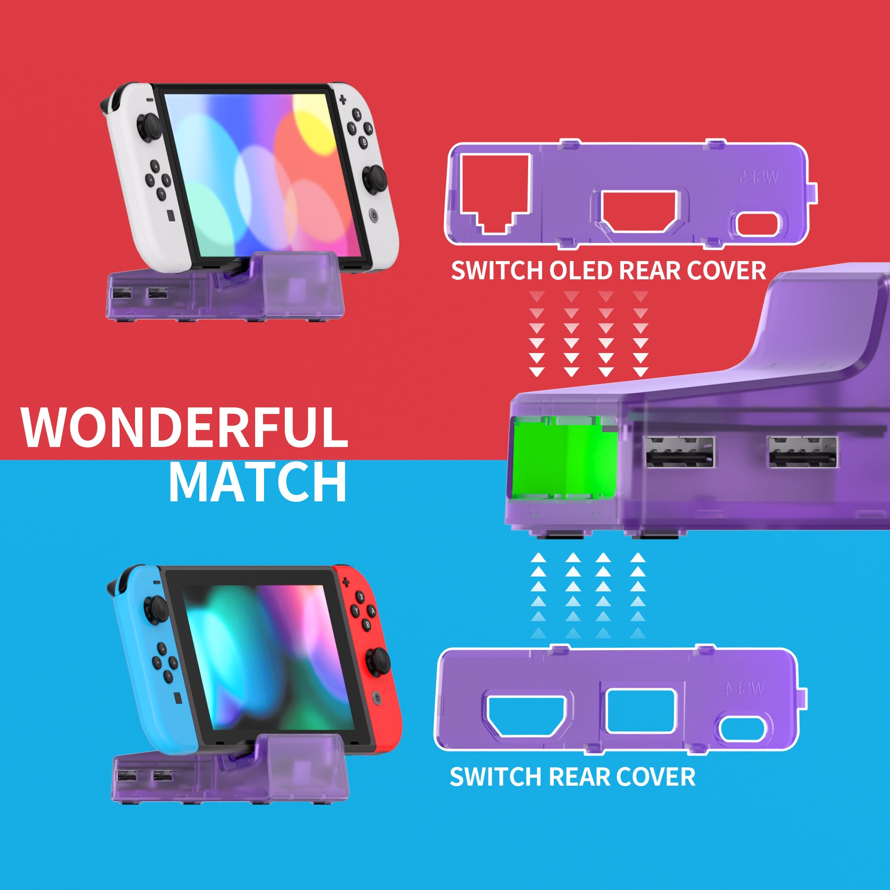 eXtremeRate AiryDocky DIY Kit LED Version - Clear Atomic Purple Shell Case for Nintendo Switch & Switch OLED Dock with 7-Color RGB LED Effects | IR Remote Control | Gaming Accessories for Home Entertainment & Party Lighting