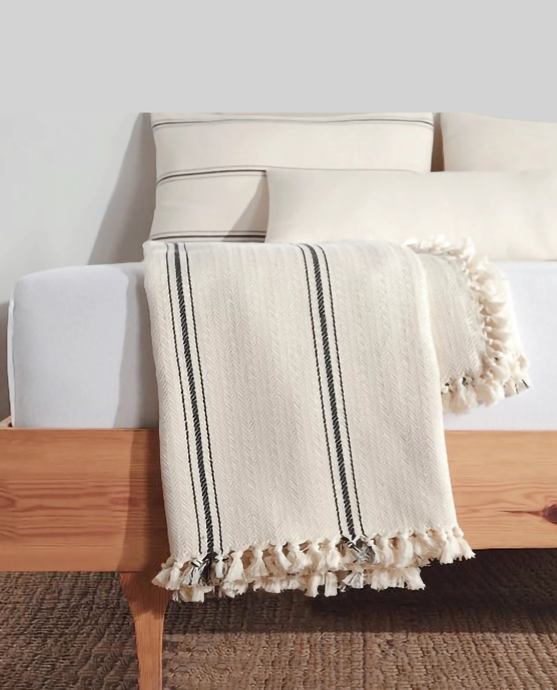 Boho Cream Bedspread with Black Stripes - Queen Size Cotton Bed Cover for Bohemian Bedroom Decor | Perfect for Master Bedroom, Guest Room & Dorm Styling