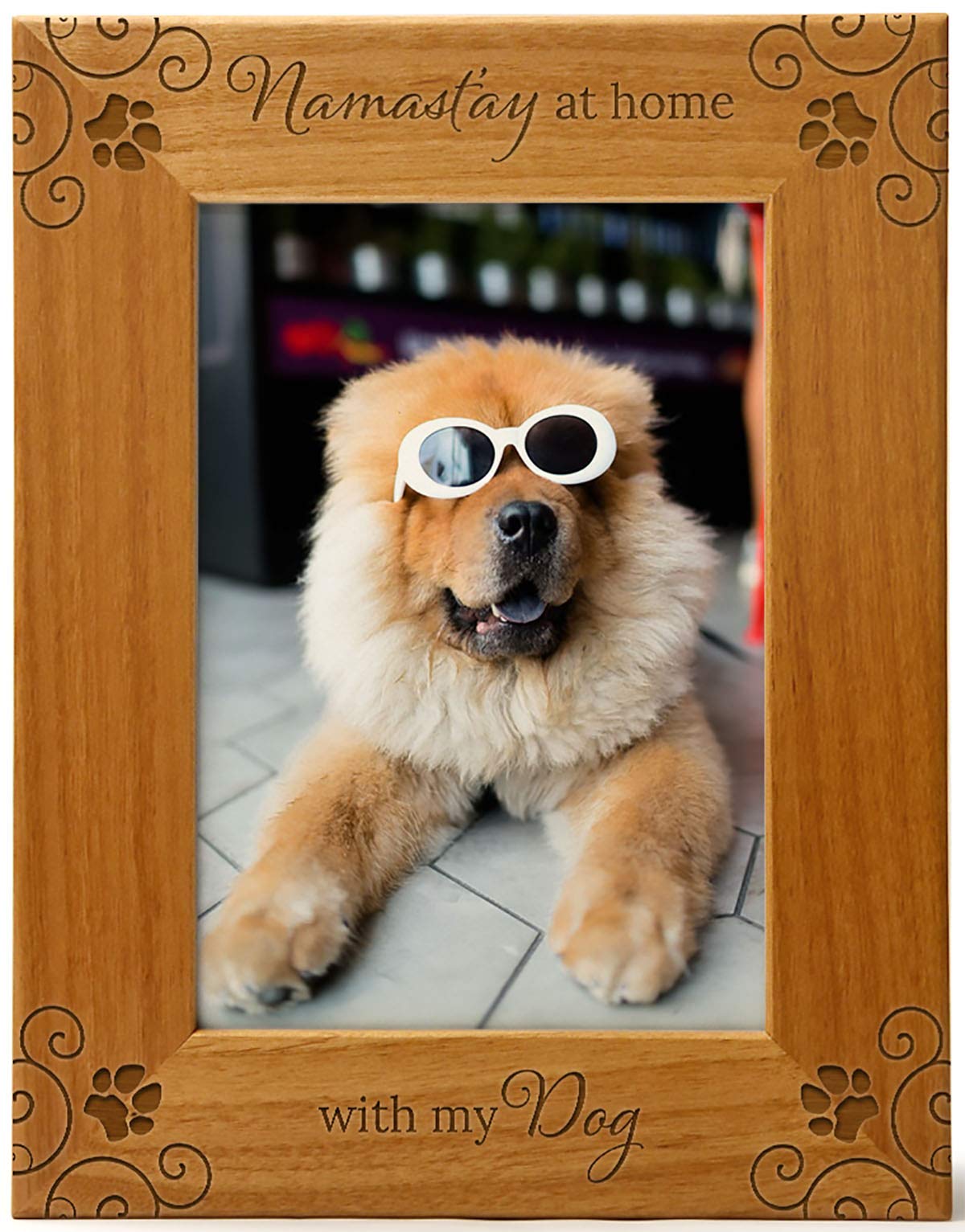 Namast'ay Home with My Dog - Engraved Natural Wood Pet Picture Frame for 5x7 Vertical Portrait - Unique Dog Mom Gifts - Perfect for Pet Lovers, Home Decor & Personalized Pet Keepsakes