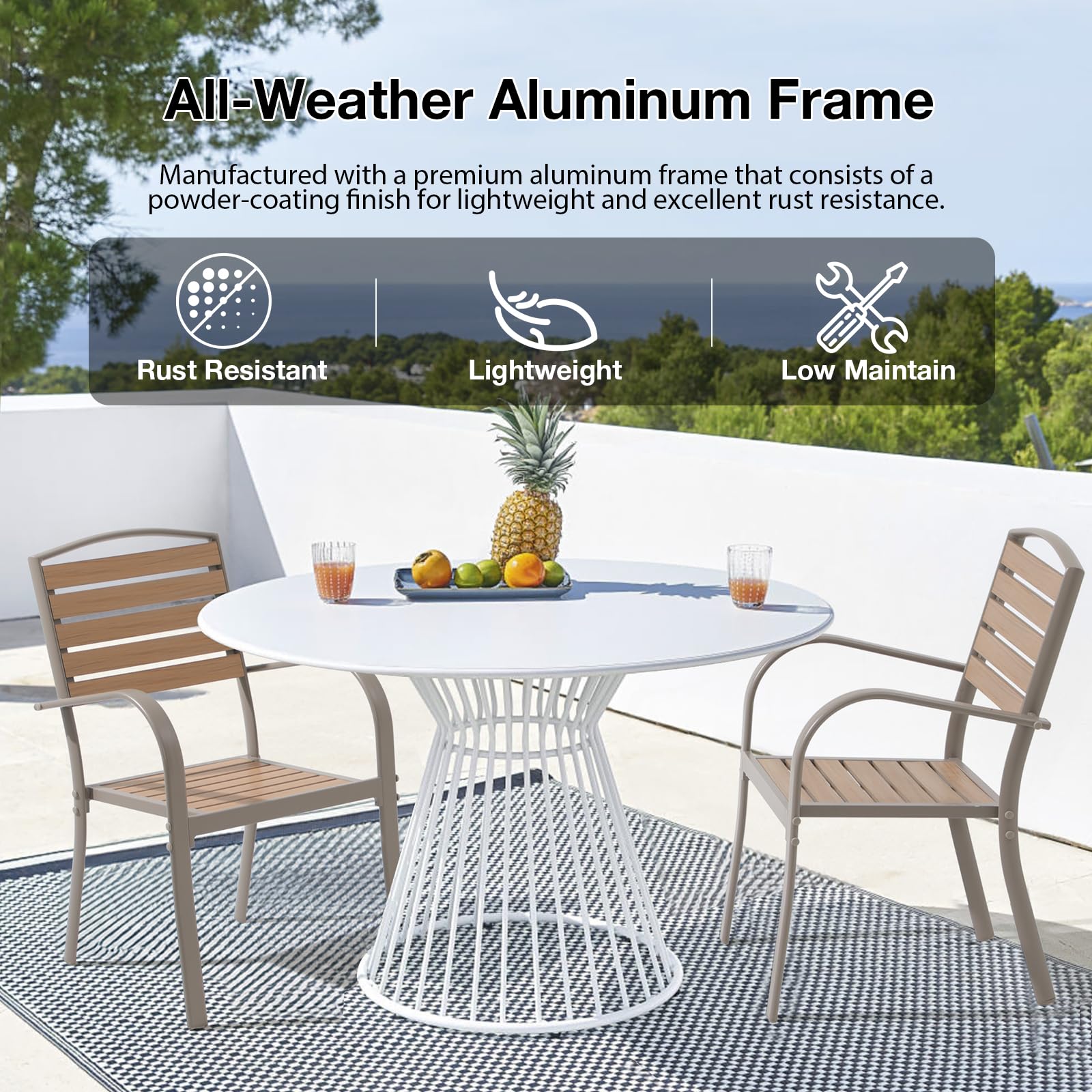 Premium Aluminum Outdoor Dining Chairs Set of 2 - Stackable All-Weather Patio Chairs with Armrests, Faux Wood Finish in Teakwood Brown - Perfect for Backyard, Garden, Restaurant & Bistro Settings