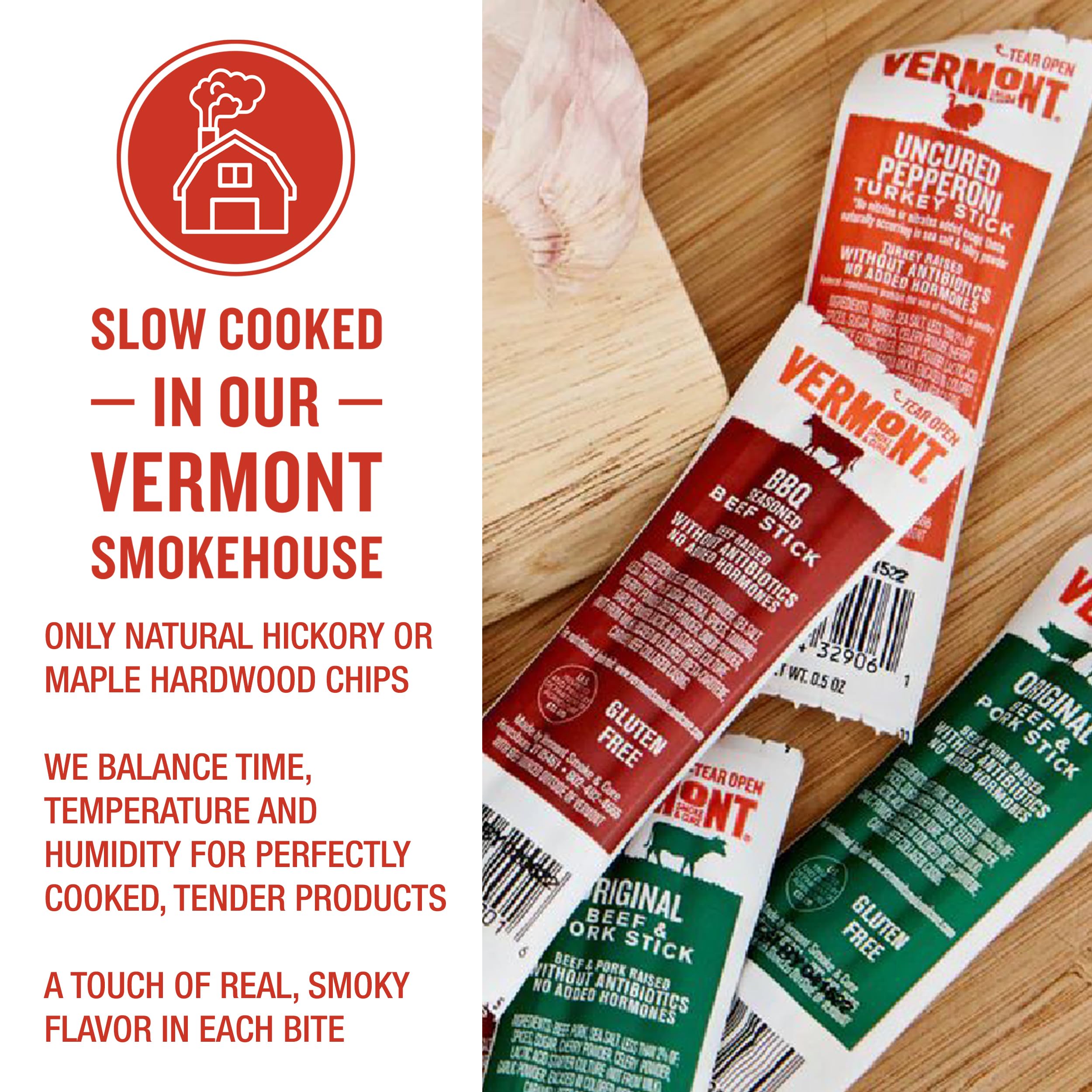 Vermont Smoke & Cure Hickory-Smoked Uncured Pork Bacon Sticks - High Protein Snack, No Antibiotics or Hormones, 0.5 oz (48 Count) - Perfect for Hiking, Camping & On-the-Go Snacking