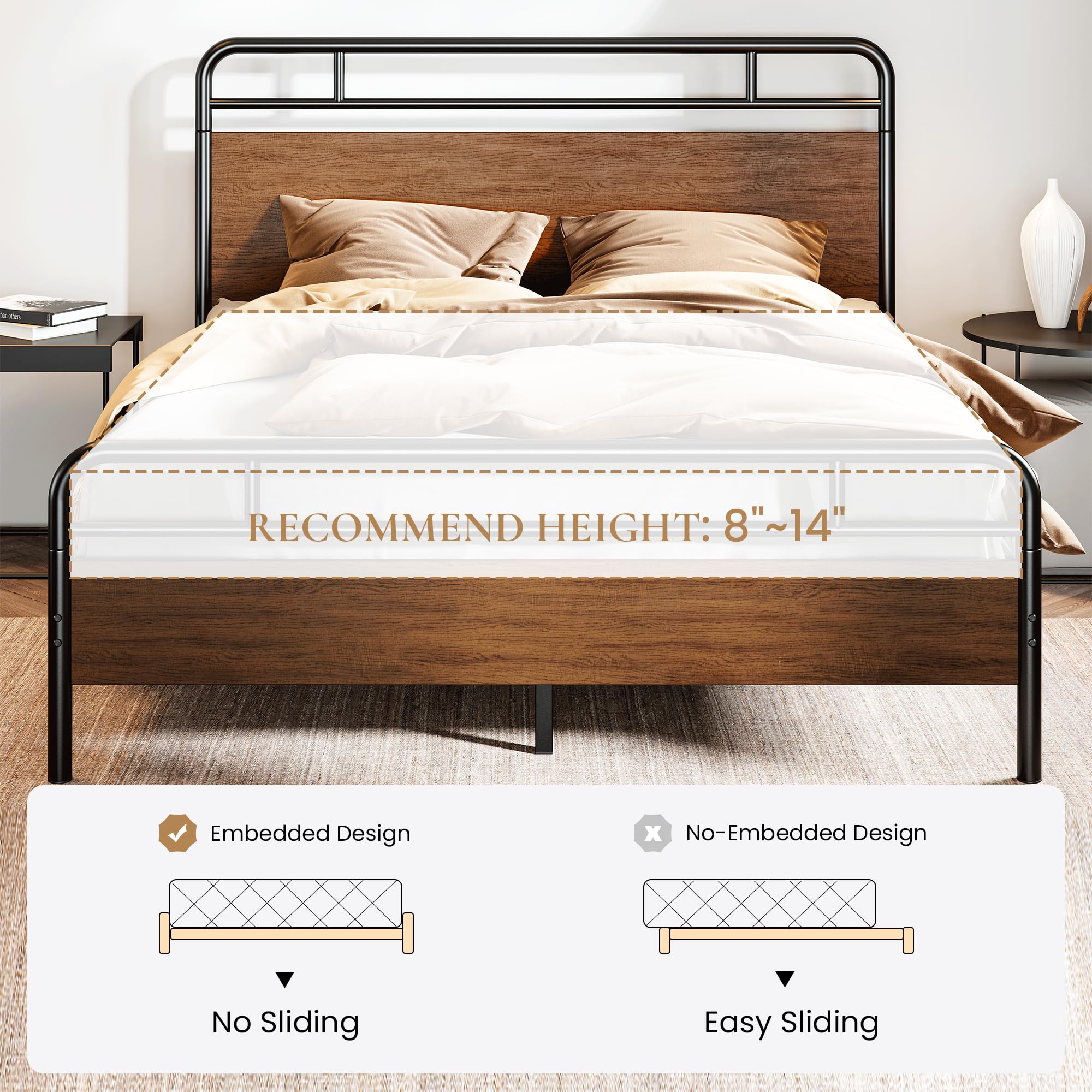 SHA CERLIN Queen Size Bed Frame with Wooden Headboard & Footboard - Sturdy Metal Frame, Heavy Duty Slats, Under-Bed Storage - No Box Spring Needed - Walnut Finish - Perfect for Bedroom, Guest Room & Small Spaces