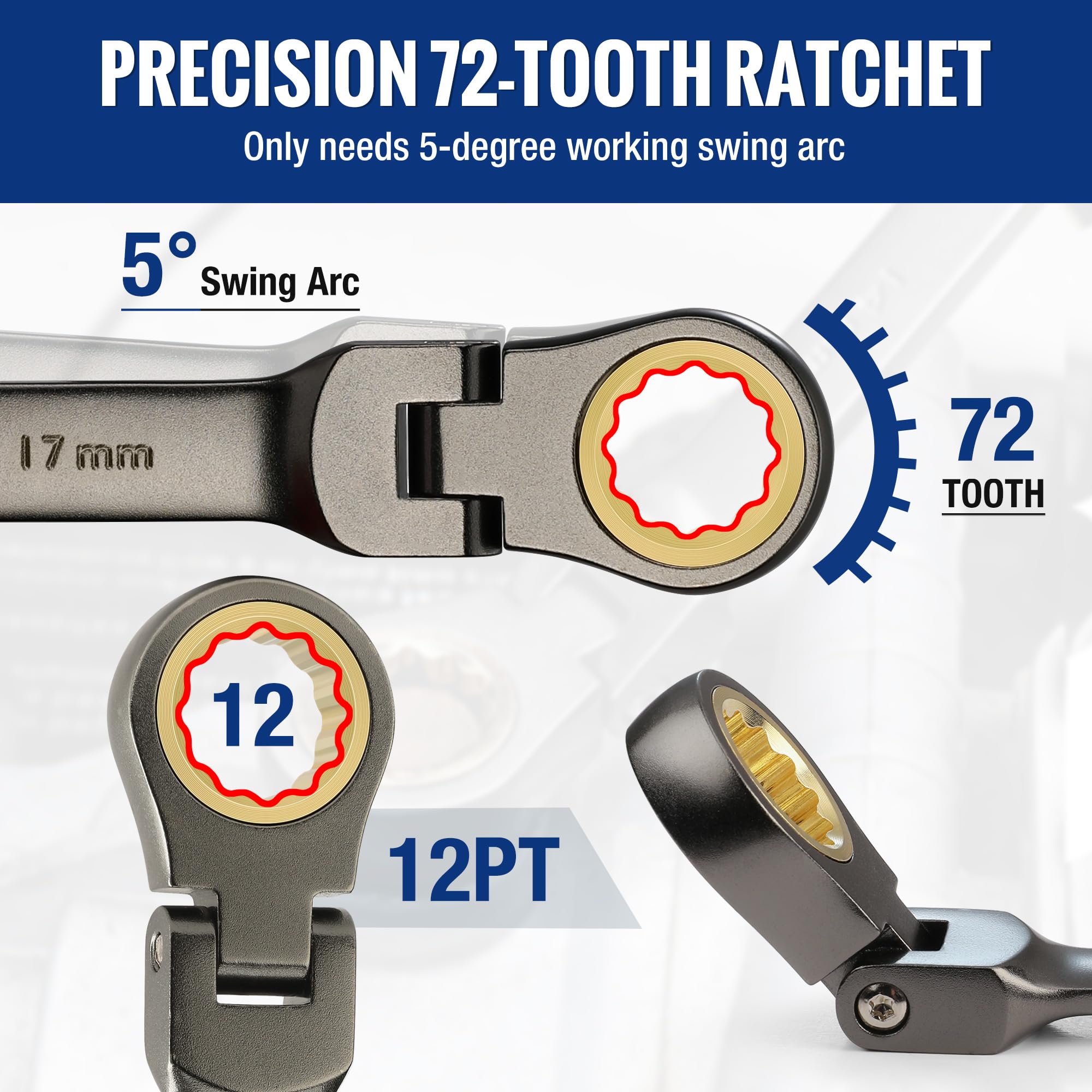 WORKPRO 8-Piece Flex-Head Ratcheting Combination Wrench Set - Metric 9-17mm, 72-Tooth, Chrome Vanadium Steel, Nickel Plated - Perfect for Automotive Repair, DIY Projects & Home Maintenance with Convenient Storage Bag