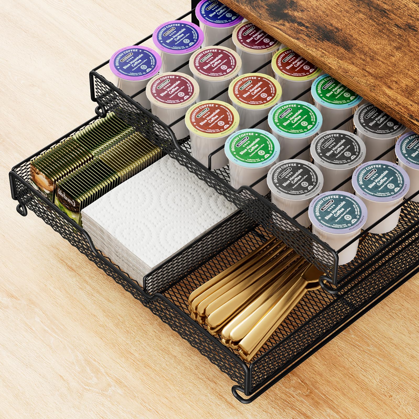 4-Tier Coffee Bar Organizer with 12 Hooks & 30 K-Cup Pod Drawer - Multifunctional Kitchen Countertop Shelf for Mugs, Accessories | Perfect for Home, Office & Coffee Station Organization