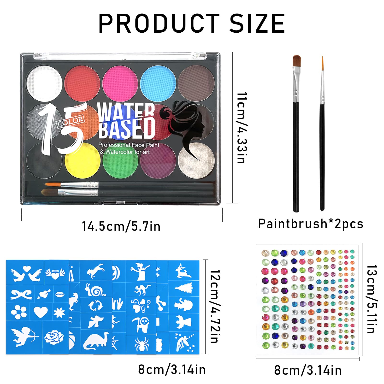 Kids Face & Body Paint Kit - 15 Colors with 4 Stencils & 2 Brushes for Halloween & Carnival Makeup