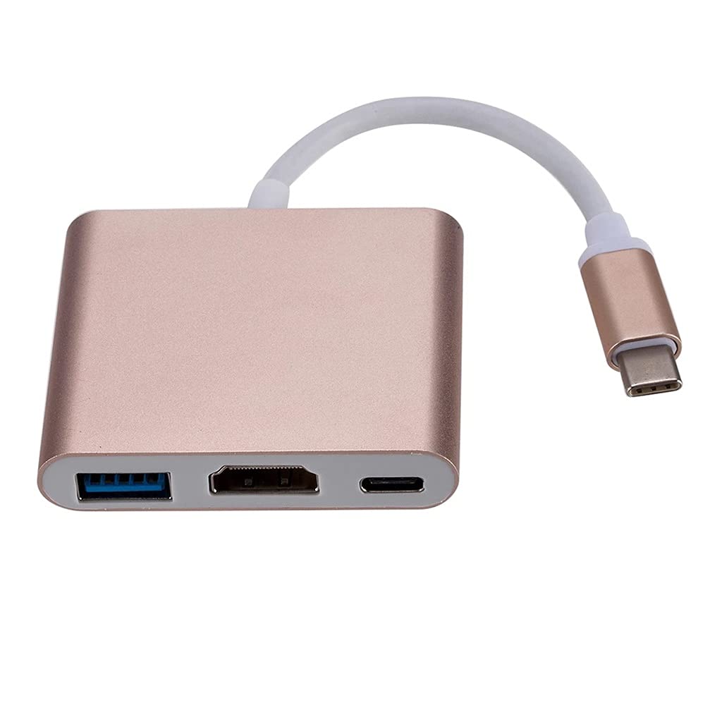 WYFDP 3-in-1 USB C Hub with Power Delivery - USB 3.0 Multiport Adapter - USB-C to HDMI Converter - Gold Color - Perfect for MacBook, Chromebook & Windows Laptops - Home Office & Travel Essential