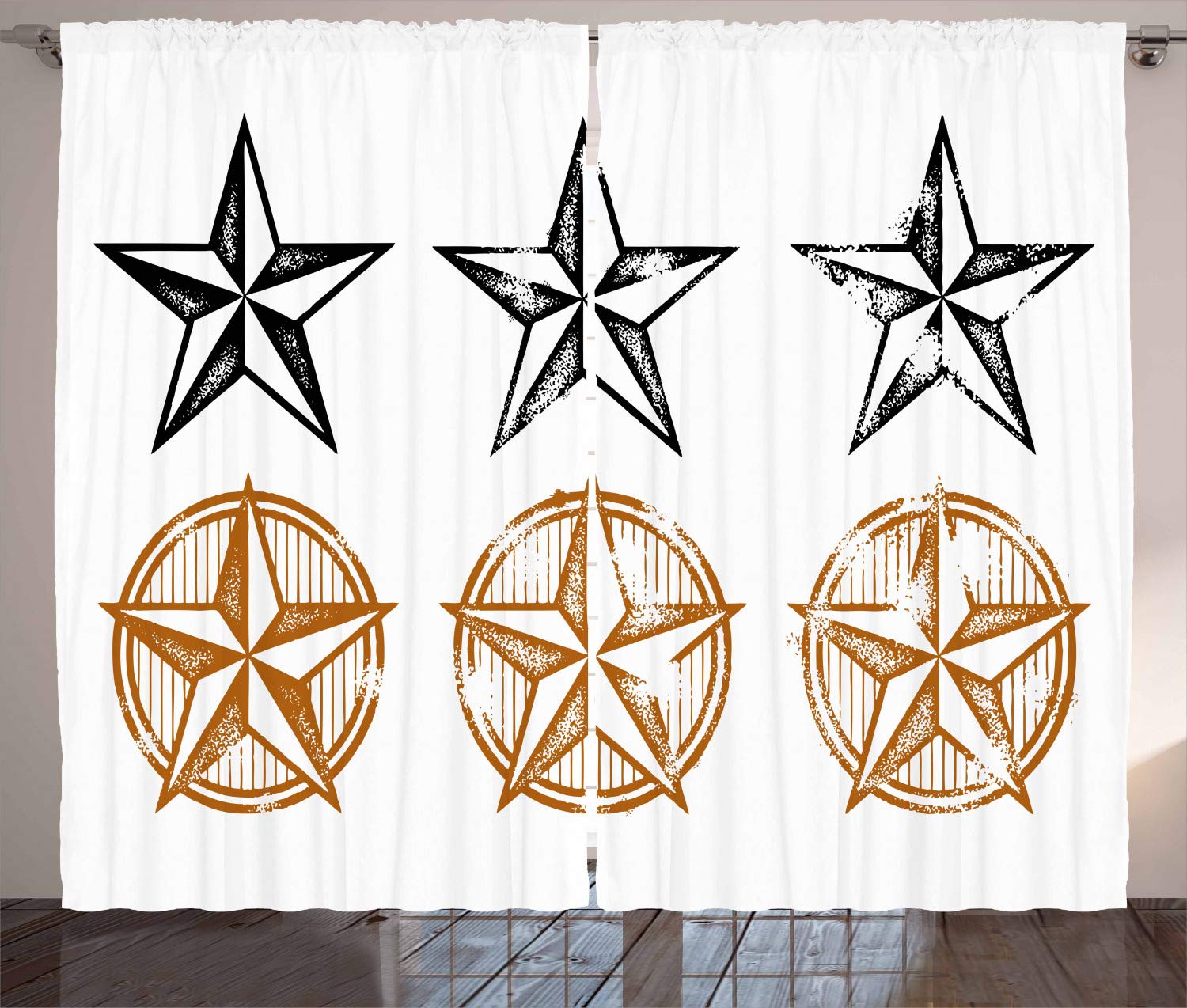 Ambesonne Texas Star Curtains - Vintage Western Style Stars & Antique Hand-Drawn Striped Design - 2 Panel Window Drapes Set (108x108 Inches) Pale Brown & White - Perfect for Living Room & Bedroom Western Decor