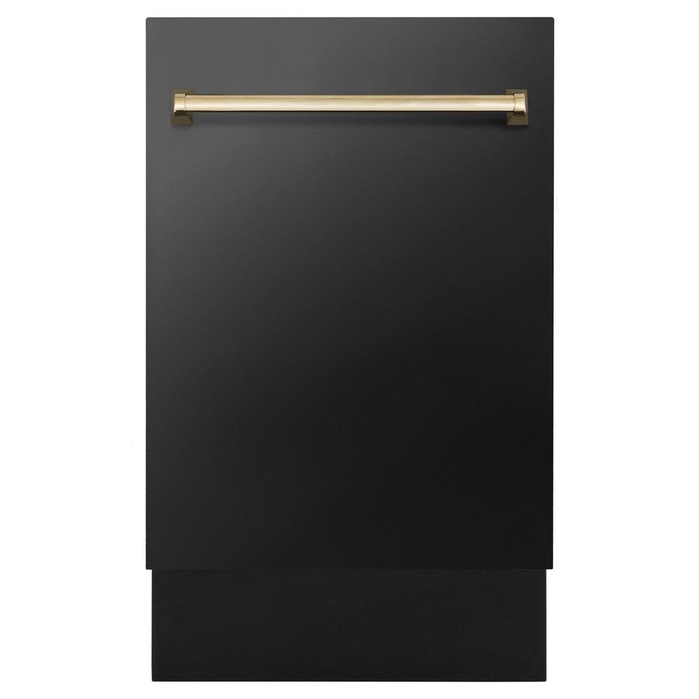 ZLINE Autograph Edition 18-Inch Compact Dishwasher with 3rd Rack - Black Stainless Steel with Polished Gold Handle, 51dBa (DWVZ BS 18 G) | Perfect for Small Kitchens, Apartments & RVs | Energy Efficient & Quiet Operation
