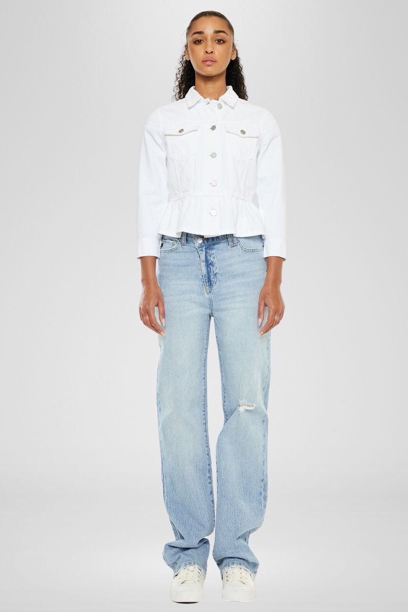 Marilou Peplum Denim Jacket for Women - Stylish Distressed Denim Coat with Ruffled Hem | Perfect for Casual Outings, Date Nights & Spring Layering