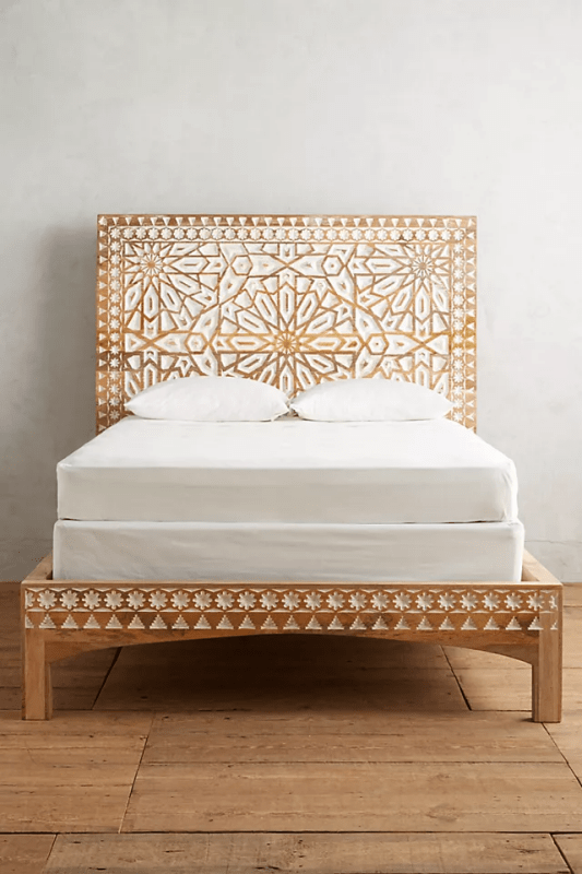 Hand Carved Albaran Bed Frame - Solid Wood Platform Bed with Upholstered Headboard | Modern Bedroom Furniture for Master Bedroom, Guest Room & Apartment