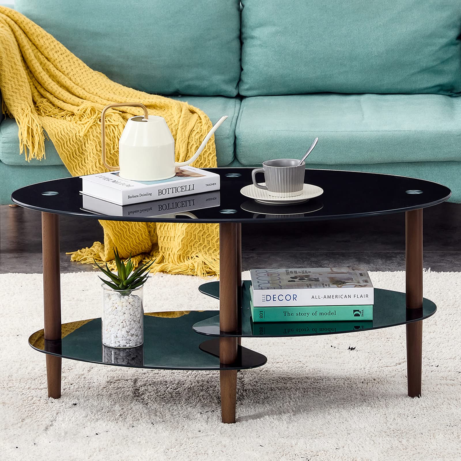 Modern Black Oval Glass Coffee Table with Oak Wood Legs - 3-Layer Transparent Glass Top - Perfect for Living Room, Waiting Room & Office Spaces