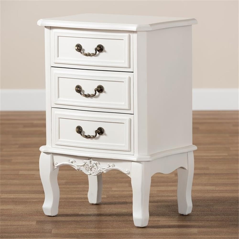 BOWERY HILL White 3-Drawer Wood Nightstand - Bedside Table with Storage for Bedroom, Living Room & Guest Room - Modern Home Furniture for Small Spaces