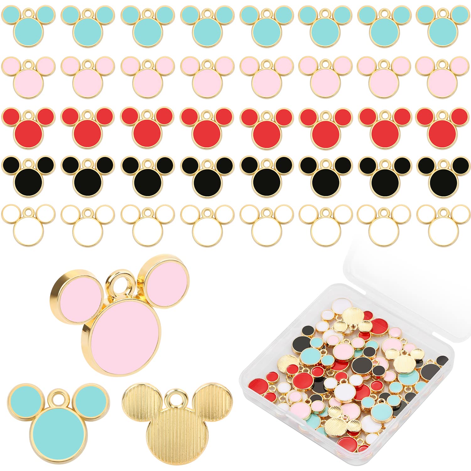 CCOZN 40 Pcs Colorful Acrylic Mouse Charms Keychains - 5 Styles Cartoon Mouse Head Pendants for DIY Crafts, Jewelry Making, Gifts for Women & Girls (Includes Storage Box) - Perfect for Keychains, Backpacks, Phone Charms & Party Favors