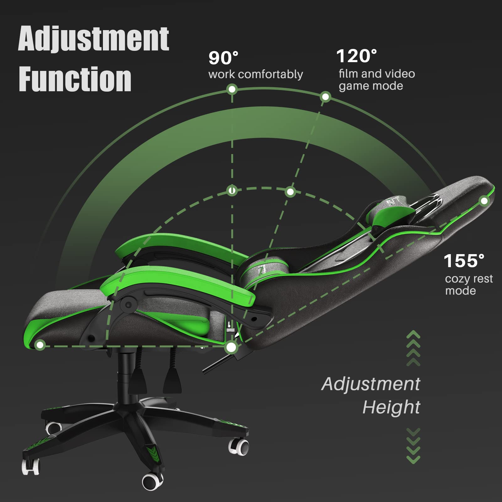 Bigzzia Ergonomic Gaming Chair with Lumbar Support & Headrest Pillow - Racing Style Adjustable Computer Chair for Adults, 360° Swivel Seat - Perfect for PC Gaming, Office Work & Home Use