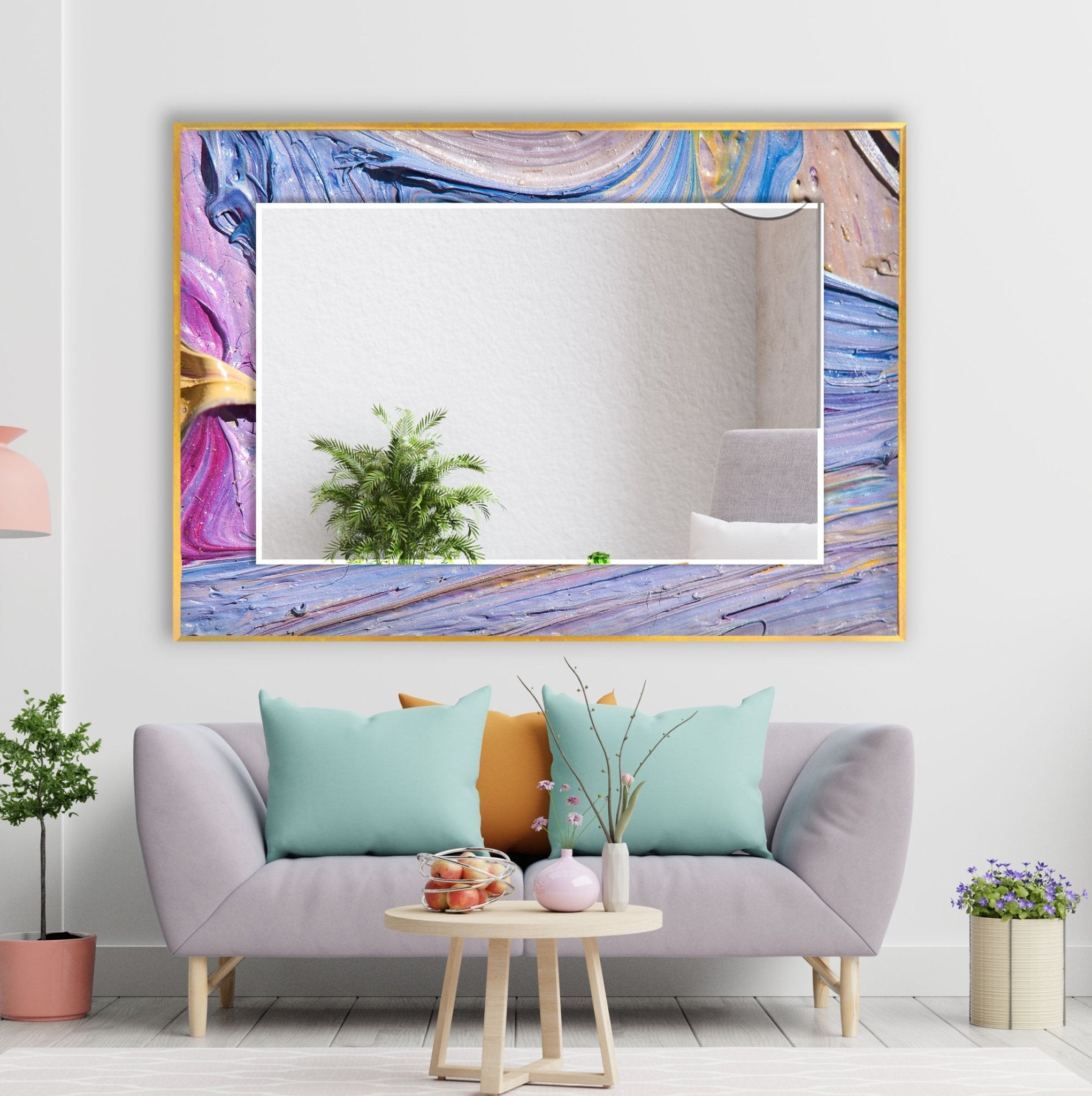 Abstract Purple Oil Painting Wall Mirror - Modern Boho Decor for Living Room, Bedroom & Entryway - Handmade Artwork for Home & Office Decor