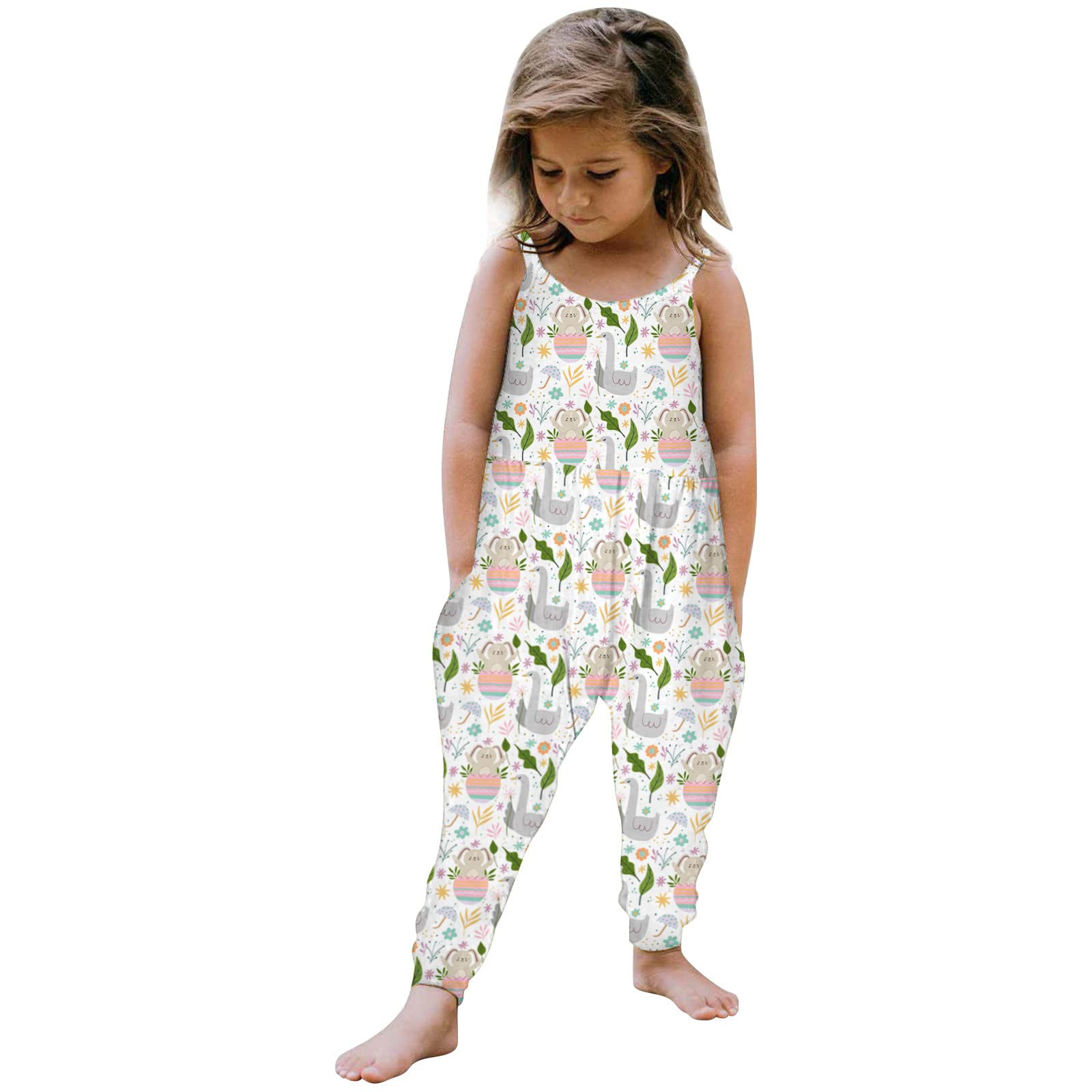 **Adorable Toddler Girls' Bunny Jumpsuit - Floral Strap Romper for Summer & Easter (1-6 Years) | Cute Baby Clothes for Playdates & Special Occasions**