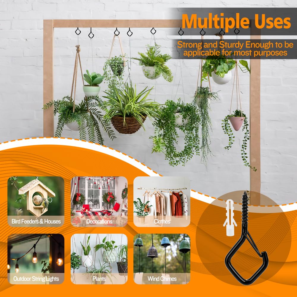 10 Pack Black Metal Ceiling Hooks (2.2 Inch) - Heavy Duty Plant Hangers, String Light Hooks, Cup Hooks for Indoor & Outdoor Use - Perfect for Hanging Plants, Decorations, and Outdoor Lighting