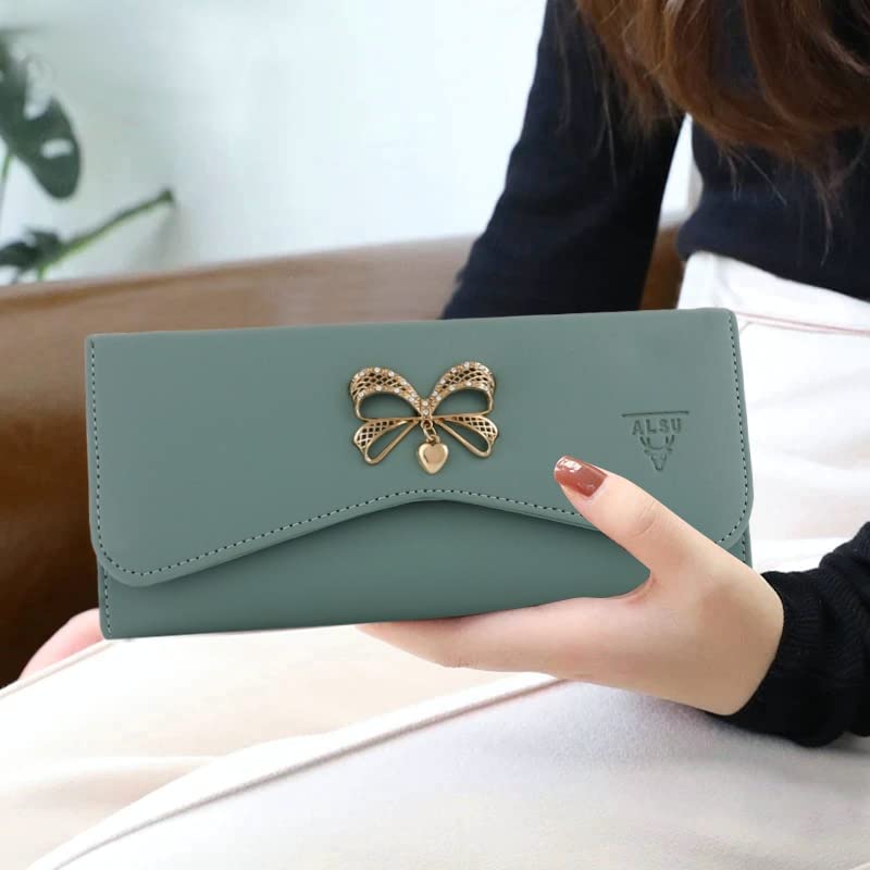 ALSU Women's Slim Wallet with Phone Pocket - 4 Card Slots & Coin Compartment - Premium Smooth Vegan Leather Clutch Purse (Light Green) | Perfect for Travel, Shopping & Night Out Accessories