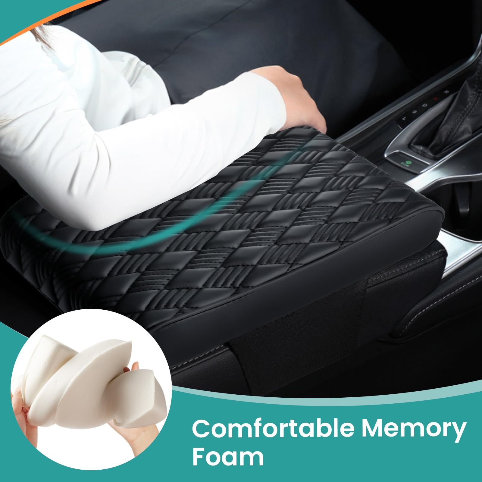 Premium Leather Car Center Console Cover with Memory Foam - Waterproof Armrest Pad for Cars, Trucks & SUVs | Comfortable Interior Accessory for Long Drives & Daily Commutes (Black)