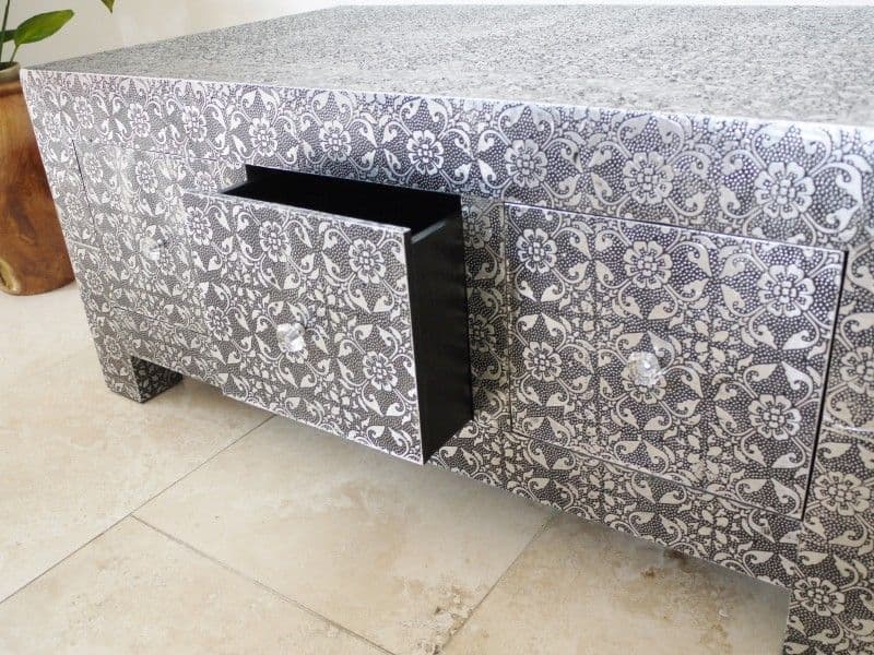 Handmade Blackened Silver Embossed Patterned Metal Coffee Table with 3 Drawers - Modern Living Room Furniture for Home Decor & Small Space