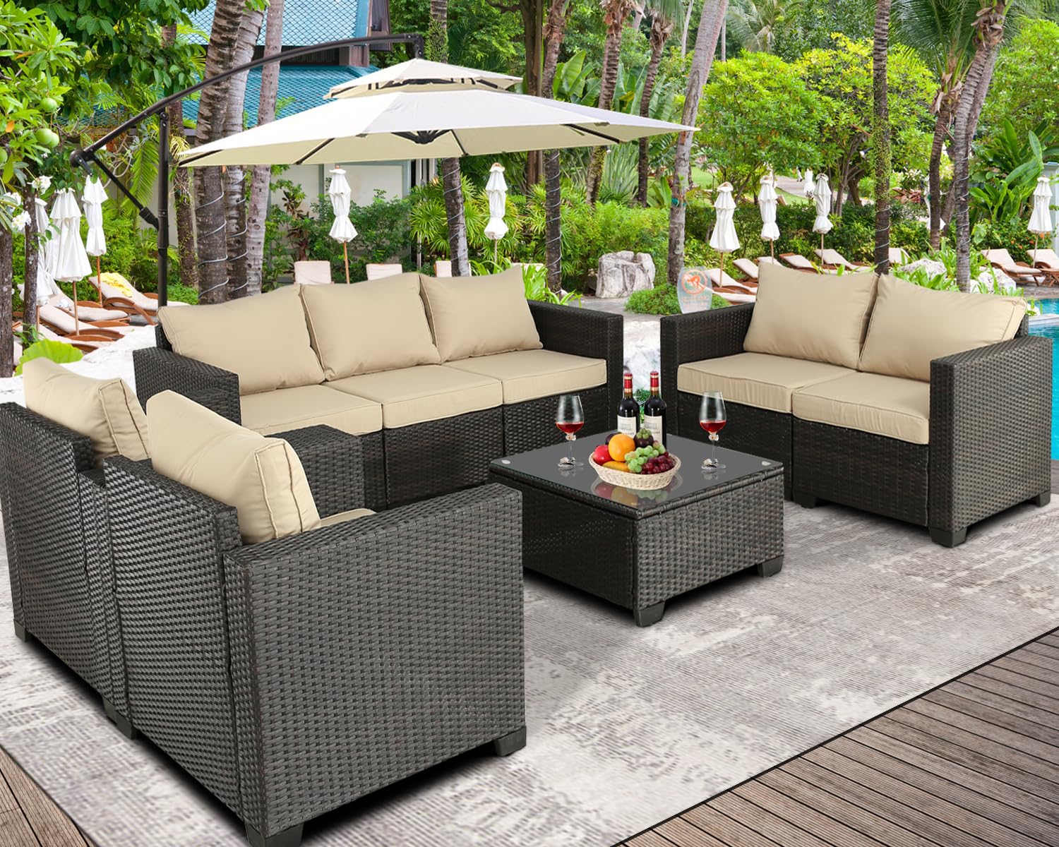 Outdoor Patio Furniture Set 8-Piece Rattan Conversation Set with Table - Brown Beige Wicker Chairs for Backyard, Garden, Balcony, Porch & Poolside - Perfect for Relaxing, Entertaining & Outdoor Dining