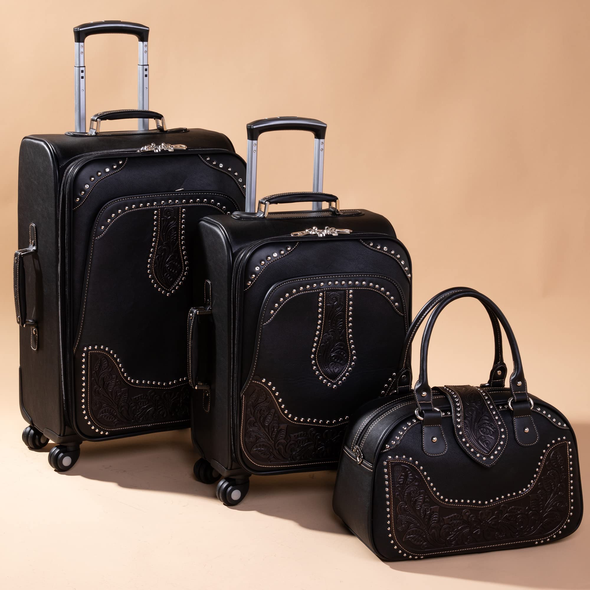 Montana West Western Tooled 3-Piece Luggage Set - Vegan Leather Embossed Suitcase with Spinner Wheels, Carry-On & Duffle Bag for Travel (Black) - Perfect for Business Trips, Vacations & Airplane Carry-Ons