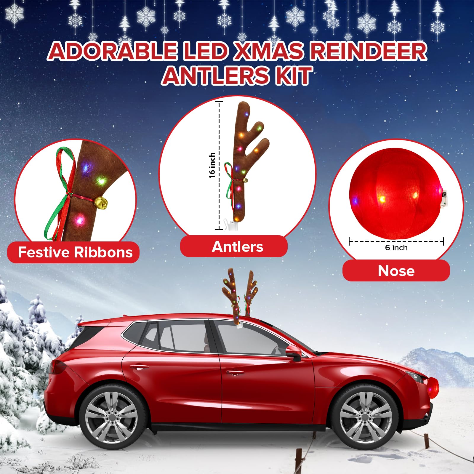 Festive Reindeer Car Antlers & Nose Kit with Christmas Lights - Holiday Car Decor for Jeeps, Trucks & Golf Carts - Perfect Christmas Gift for Family & Friends - Great for Road Trips, Parades & Neighborhood Decorations