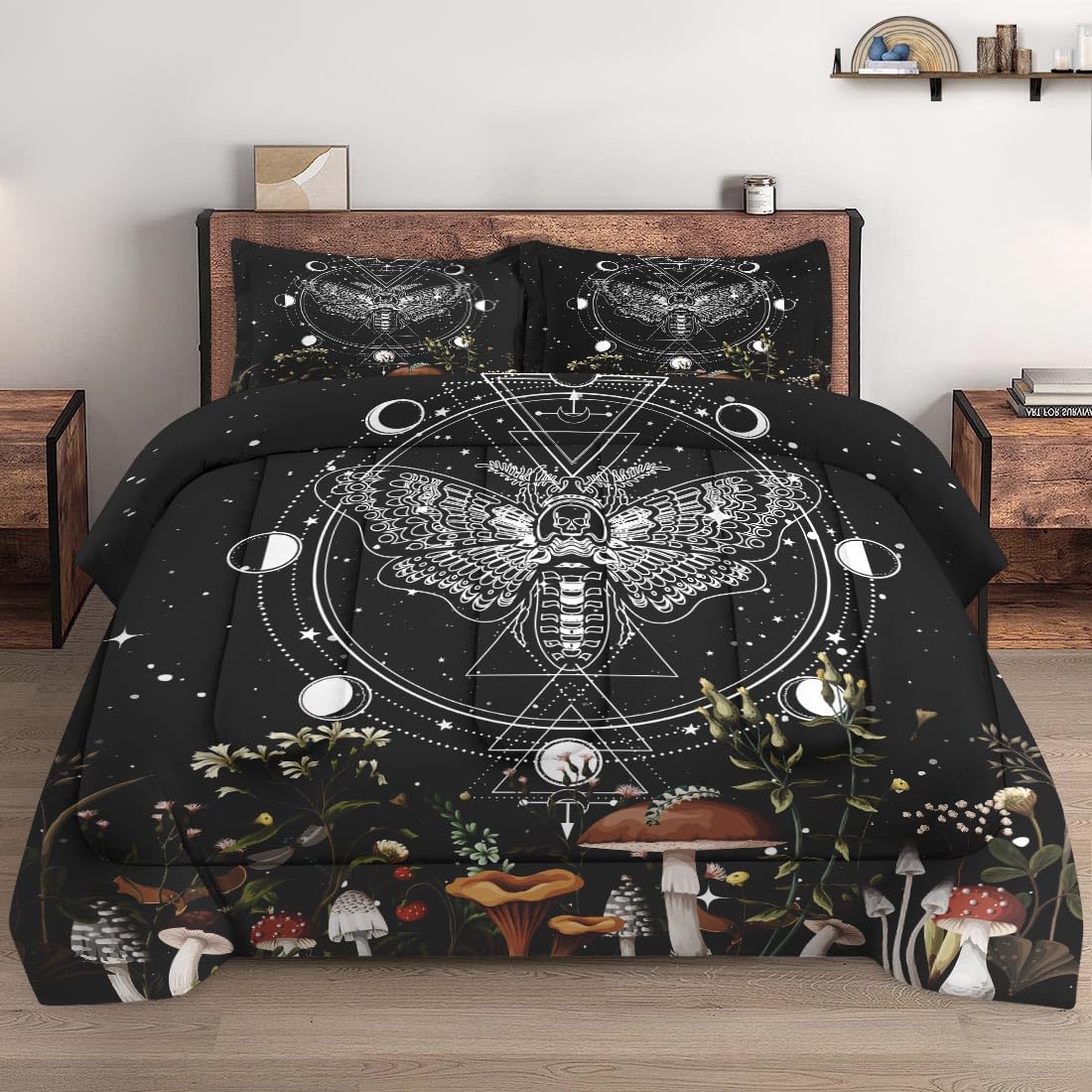 Full Size Comforter Set with 2 Pillowcases - 3 Piece Vintage Mushroom Wildflower Bedding for Kids & Adults | Soft Moth Dead Moon Design for Bedroom Decor | Perfect for Cozy Nights & Guest Rooms