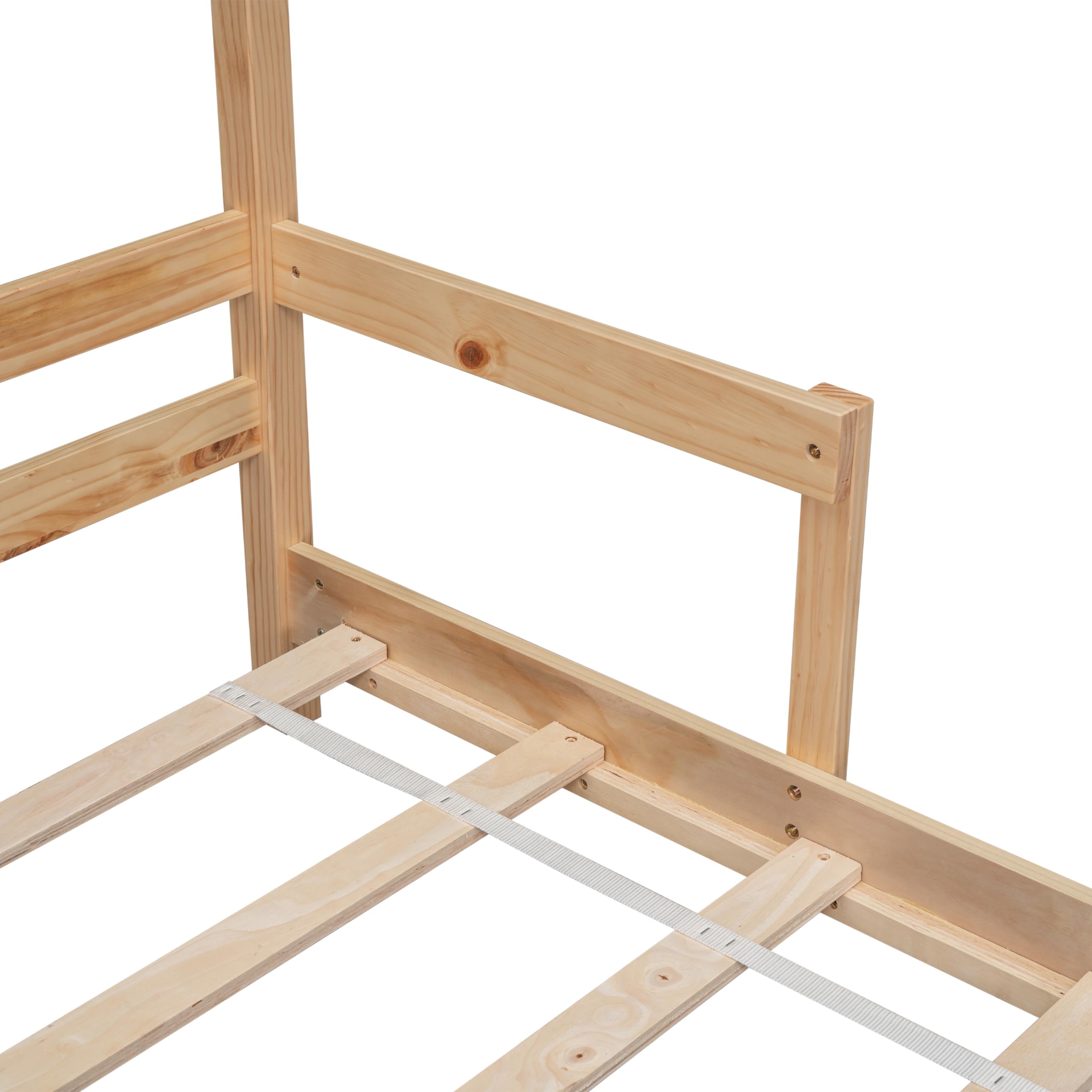 Full Size House-Shaped Kids Bed Frame with Handrails - Low Platform Bed for Boys & Girls, No Box Spring Needed (Natural) - Perfect for Bedrooms, Playrooms & Sleepovers