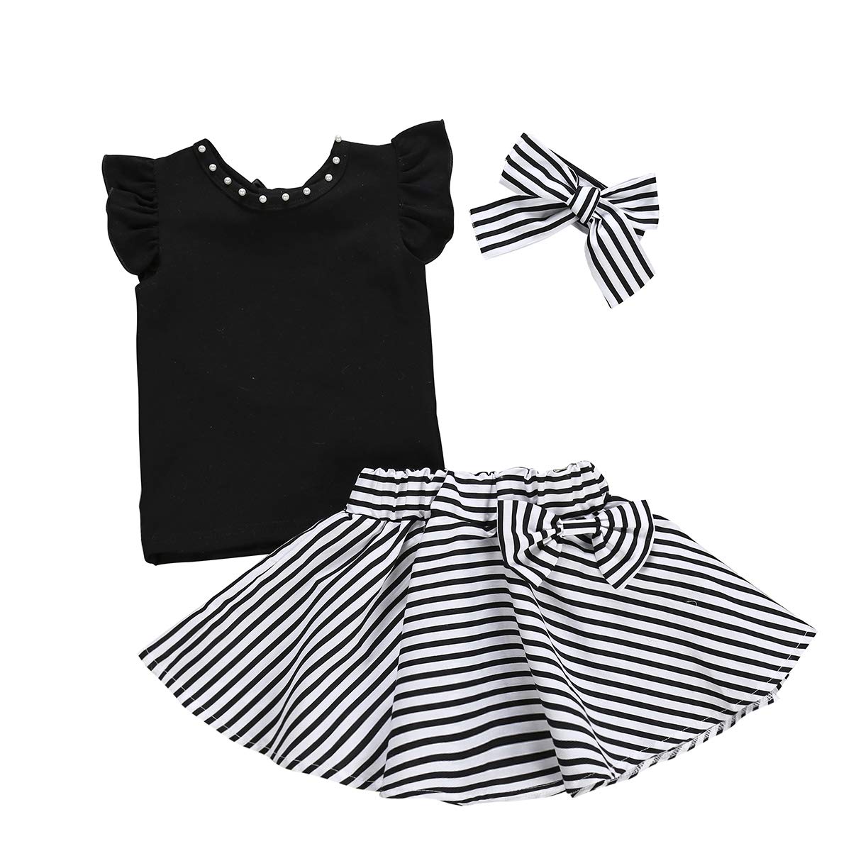 Camidy Girls' Summer Outfit Set - Black T-Shirt, Striped Skirt & Headband | Cute Toddler Fashion for Playdates, Beach & Birthday Parties