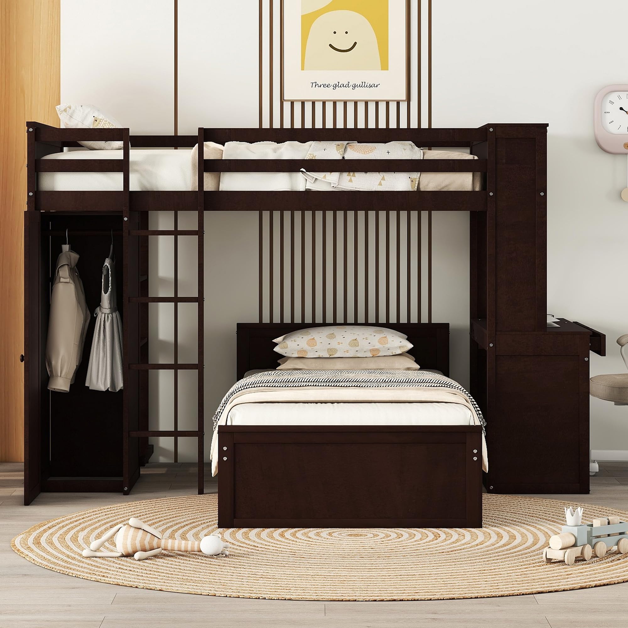 Twin Over Twin Bunk Beds with Desk & Storage - Wooden Loft Bed with Removable Twin Bed, Wardrobe, Shelves, Ladder & Guardrails for Kids - Space-Saving Bedroom Solution for Small Rooms, Dorms or Shared Kids' Rooms (Espresso Finish)