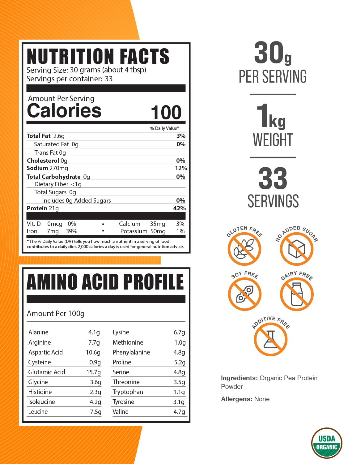 Organic Pea Protein Powder 1kg (2.2 lbs) - Plant-Based Vegan Protein Supplement, Unflavored & Gluten-Free - 30g per Serving - BulkSupplements.com | Ideal for Smoothies, Baking & Post-Workout Recovery