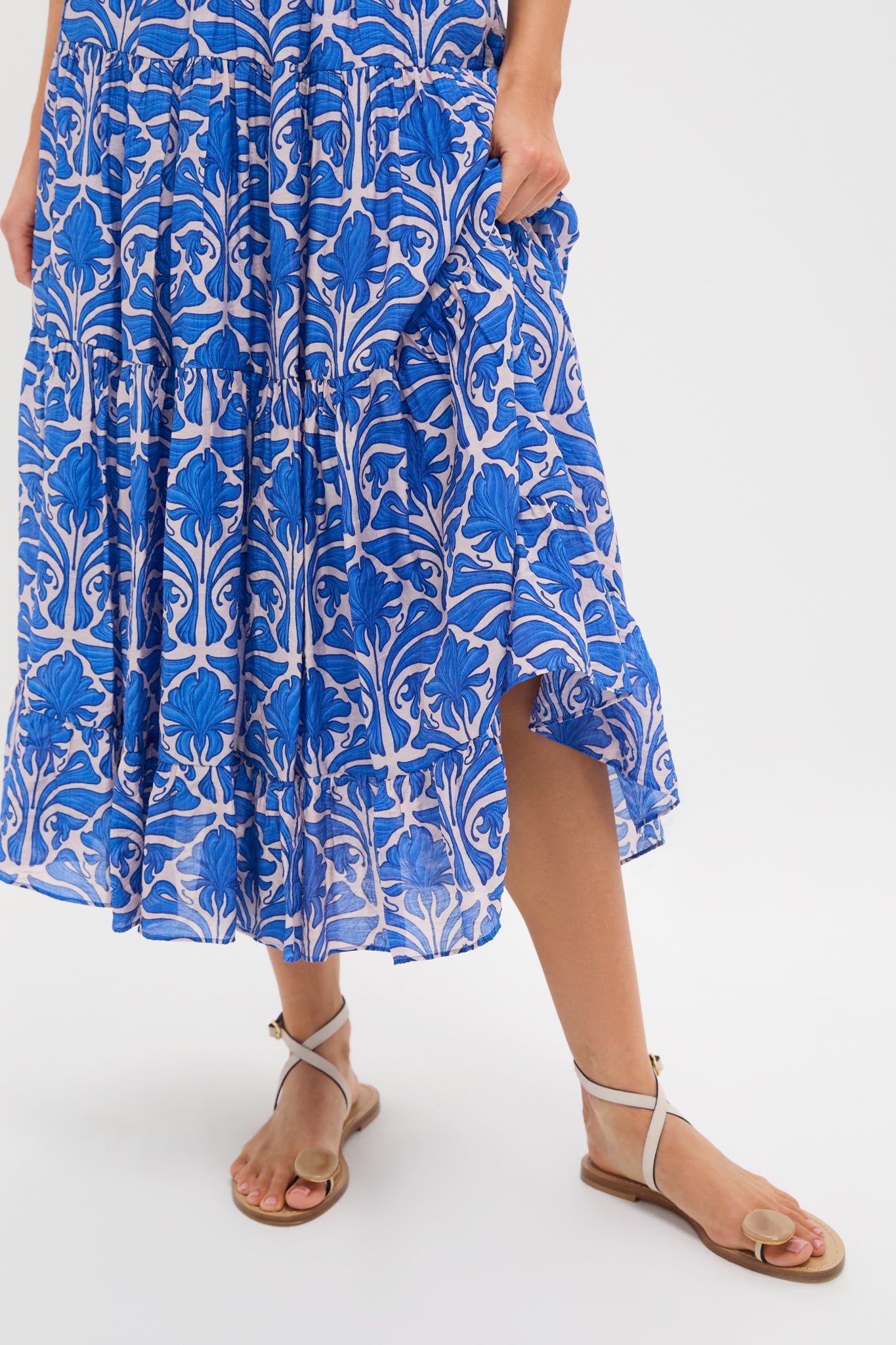 Blue Geometric Floral Print Midi Skirt for Women - Vintage Inspired A-Line Skirt with Elastic Waist | Perfect for Casual Outings, Date Nights & Summer Vacations