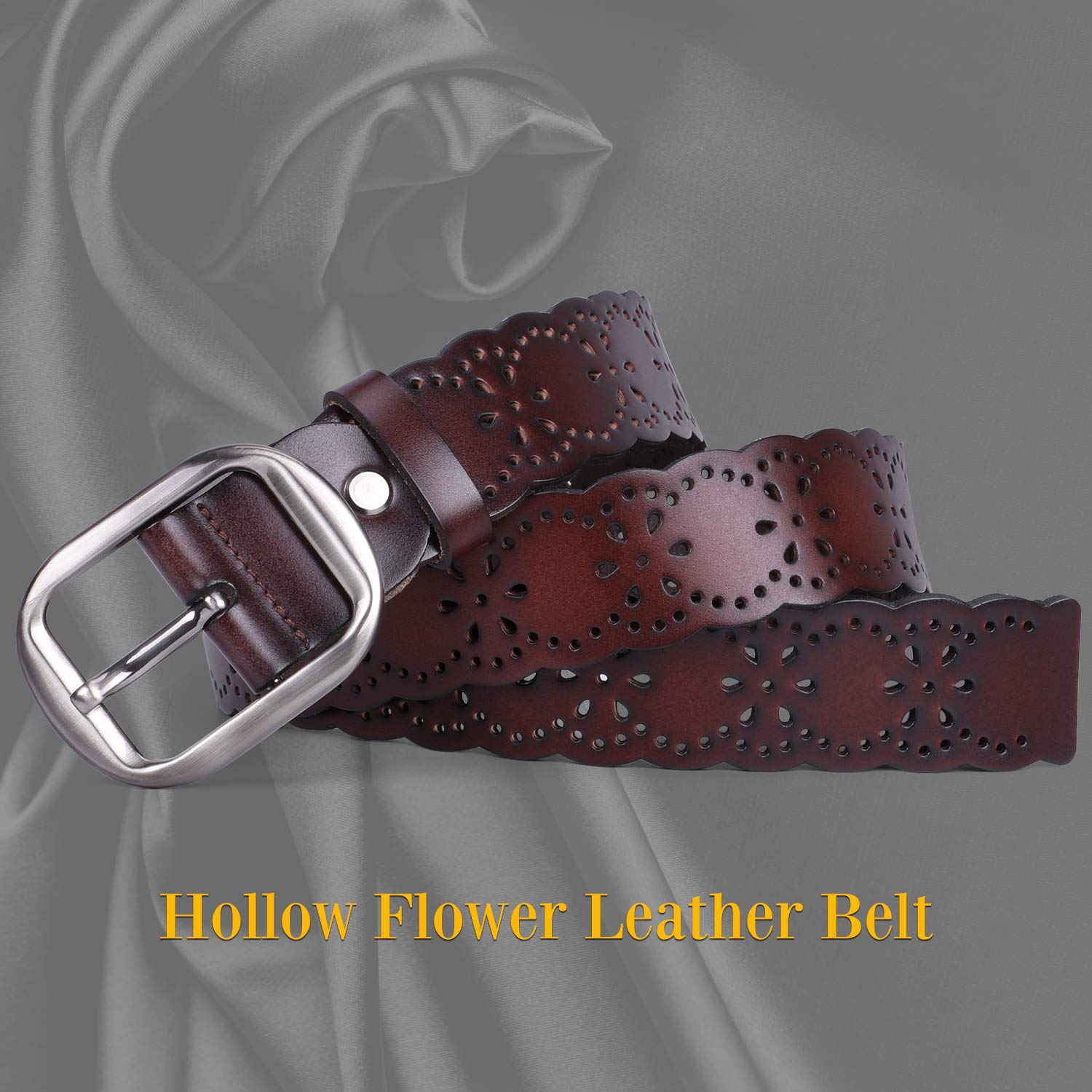 JASGOGOD Women's Genuine Leather Wide Belt - Hollow Flower Design Fashion Belt for Jeans & Pants - Perfect for Casual Outfits, Office Wear & Date Night Looks