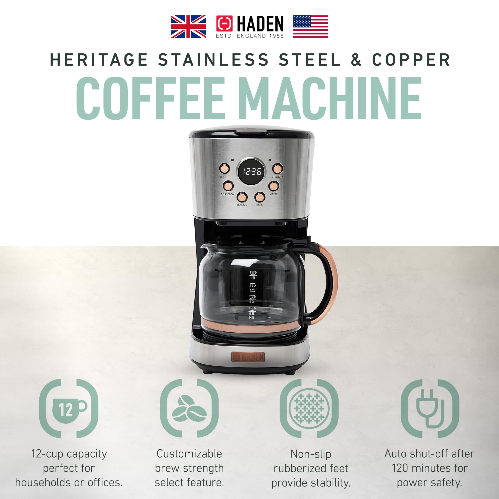 Haden 12 Cup Programmable Drip Coffee Maker with Auto Shut-Off & Reusable Filter - Stainless Steel & Copper Finish - Perfect for Home, Office or Restaurant Use