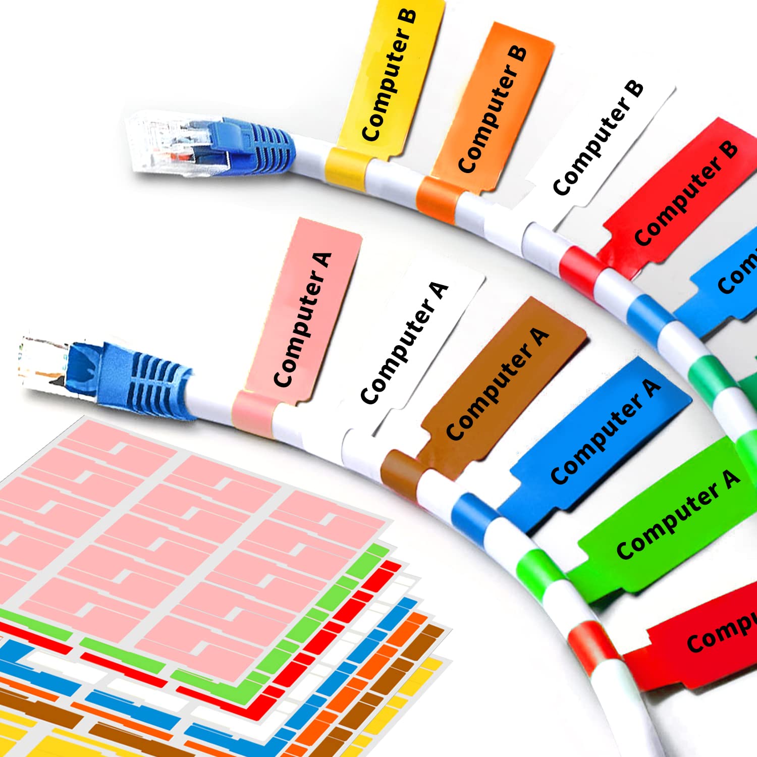 240 Pcs Colorful Waterproof Cable Labels - 8 Sheet Self Adhesive Wire Tags for Electronics Organization - Durable Tear Resistant Cord Labels for Laser Printer & Handwriting - Perfect for Home Office, Data Centers & Server Room Cable Management