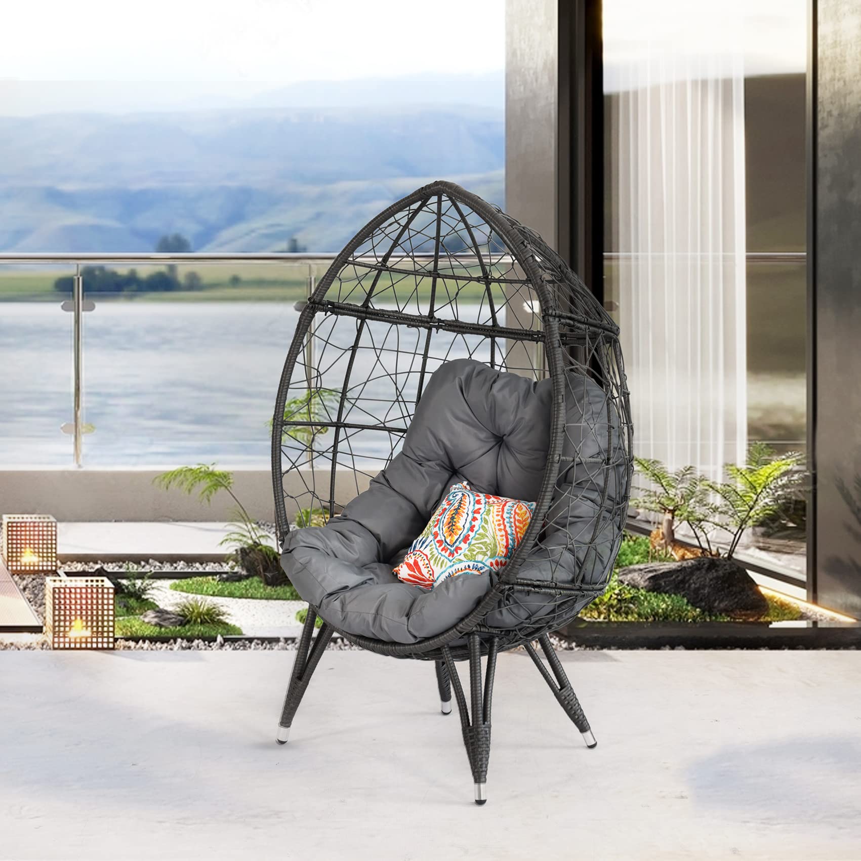 Oversized Wicker Egg Chair with Stand - 410 lbs Capacity Indoor/Outdoor Rattan Hanging Chair for Patio, Backyard, Balcony & Bedroom - Includes 4'' Cushion (Gray) - Perfect for Relaxing, Reading & Lounging