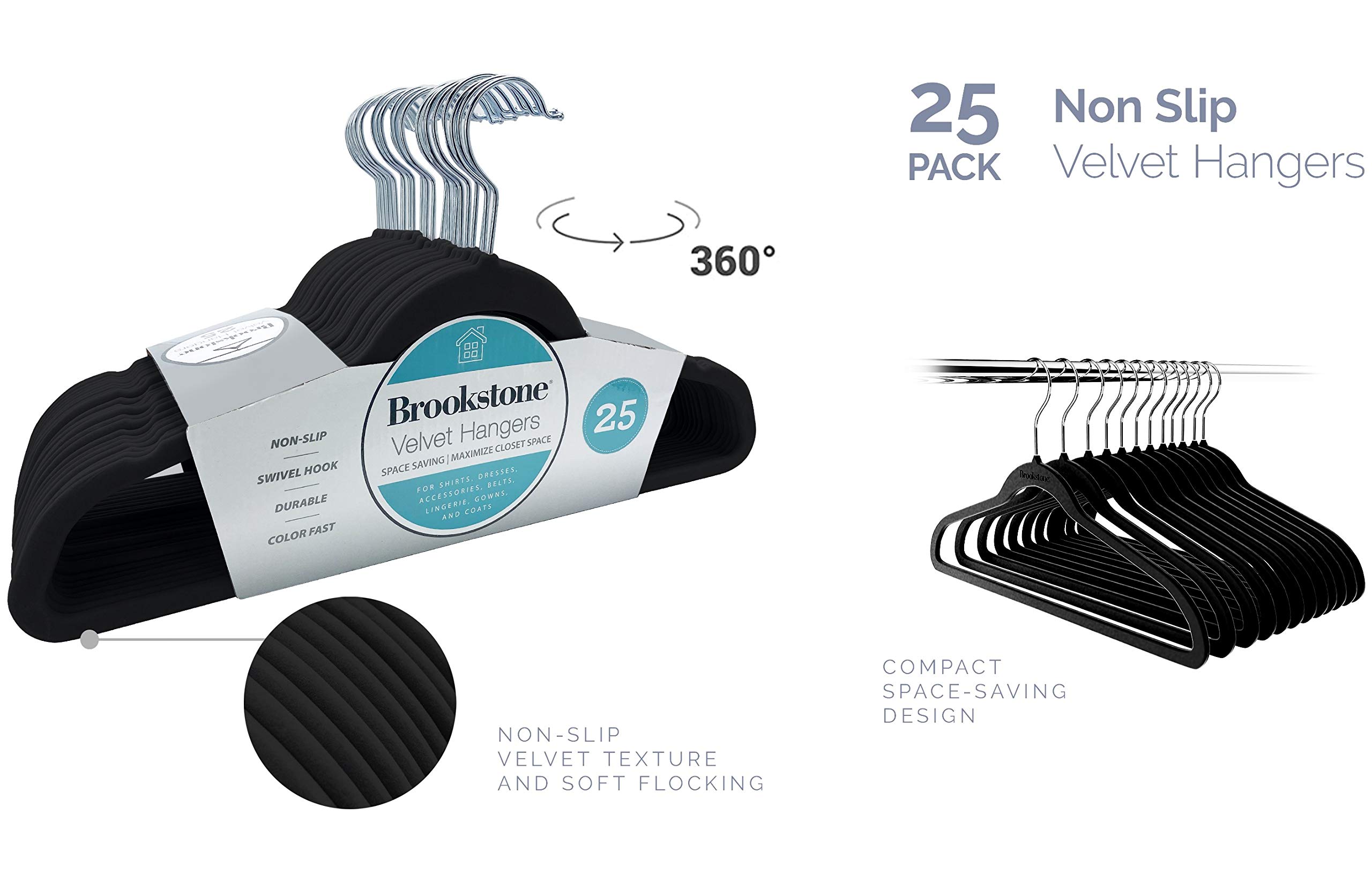 BROOKSTONE 25 Pack Velvet Hangers - Non-Slip 360° Swivel Hook, Lightweight Slim Space Saving Closet Organizers for Shirts, Pants, Dresses & Coats - Strong Durable No Fabric Staining Garment Hangers