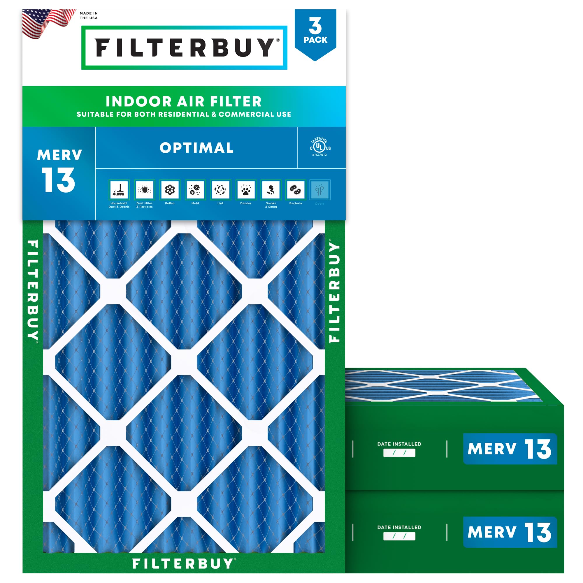 Filterbuy 12.5x21x4 MERV 13 Pleated Air Filter 3-Pack - High Efficiency HVAC Furnace AC Replacement Filters (Actual Size 12.50