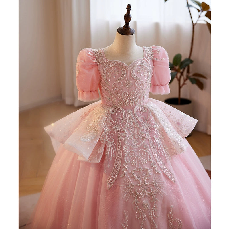 Pink Organza Flower Girl Dress - Princess Sweetheart Floor Length Formal Gown for Weddings, Parties & Special Occasions