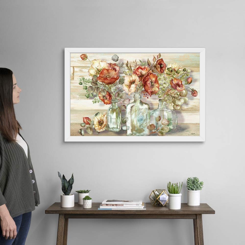 White Framed Art Print - Spice Poppies and Eucalyptus in Bottles, Floral Wall Decor for Living Room, Bedroom & Office | Poppy Artwork